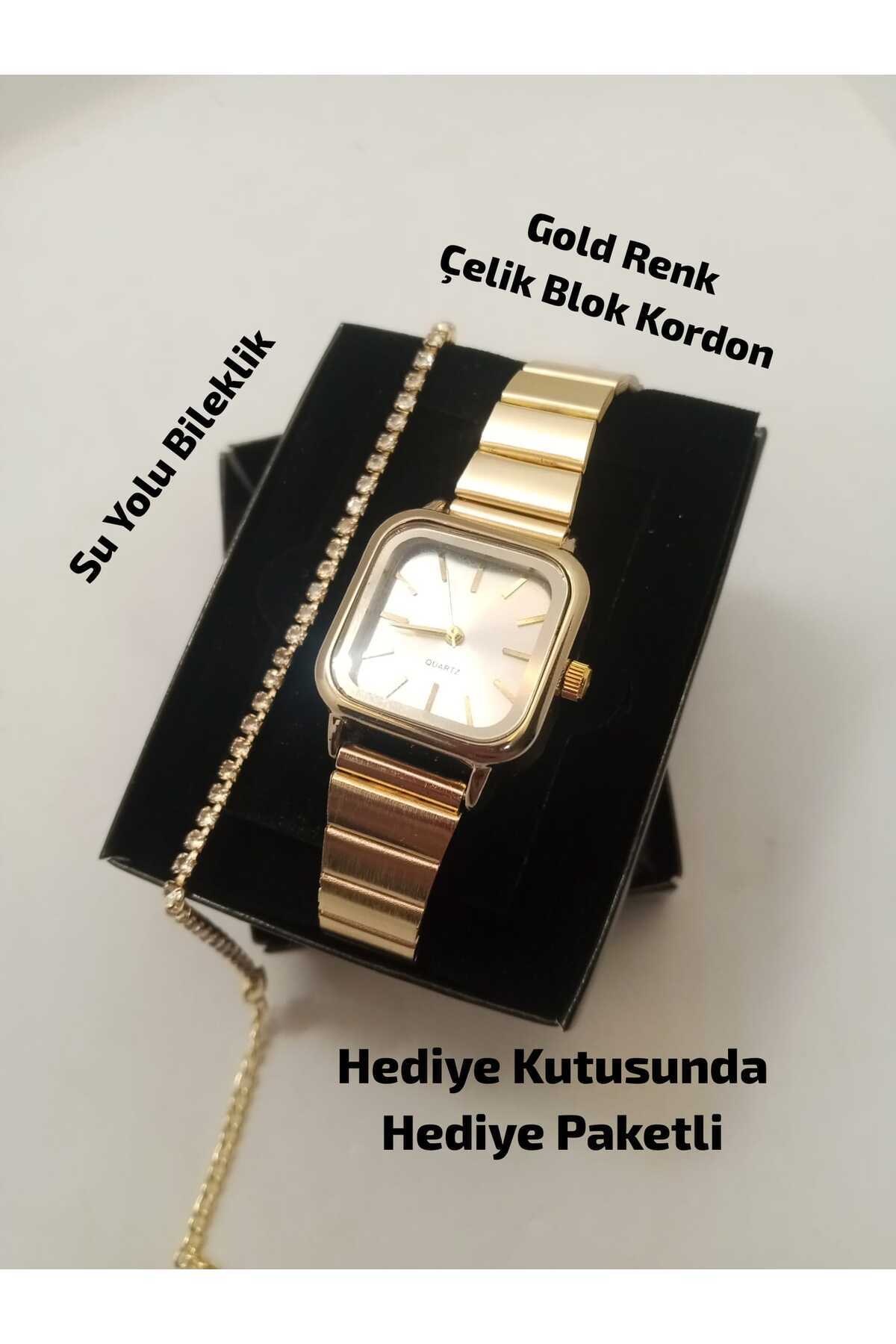 Vintage Design Fashion Model , Gold Color Steel BLOCK Cord , Silver Color Dial , Gold Color Case - WATERWAY bracelet - IN GIFT BOX