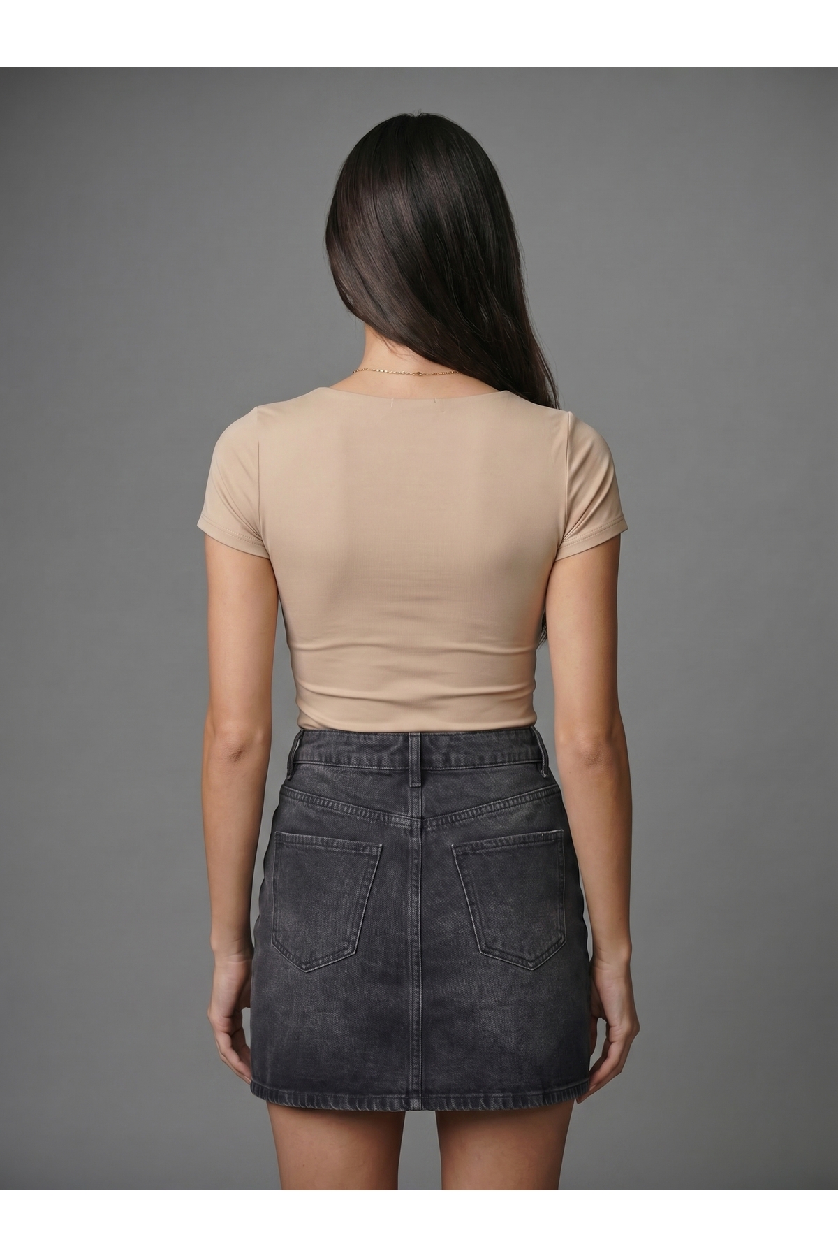 Kadın Kare Yaka Kısa Kollu Çıtçıtlı Body Slim Fit Dar Kalıp Likralı Bodysuit - Bej 5