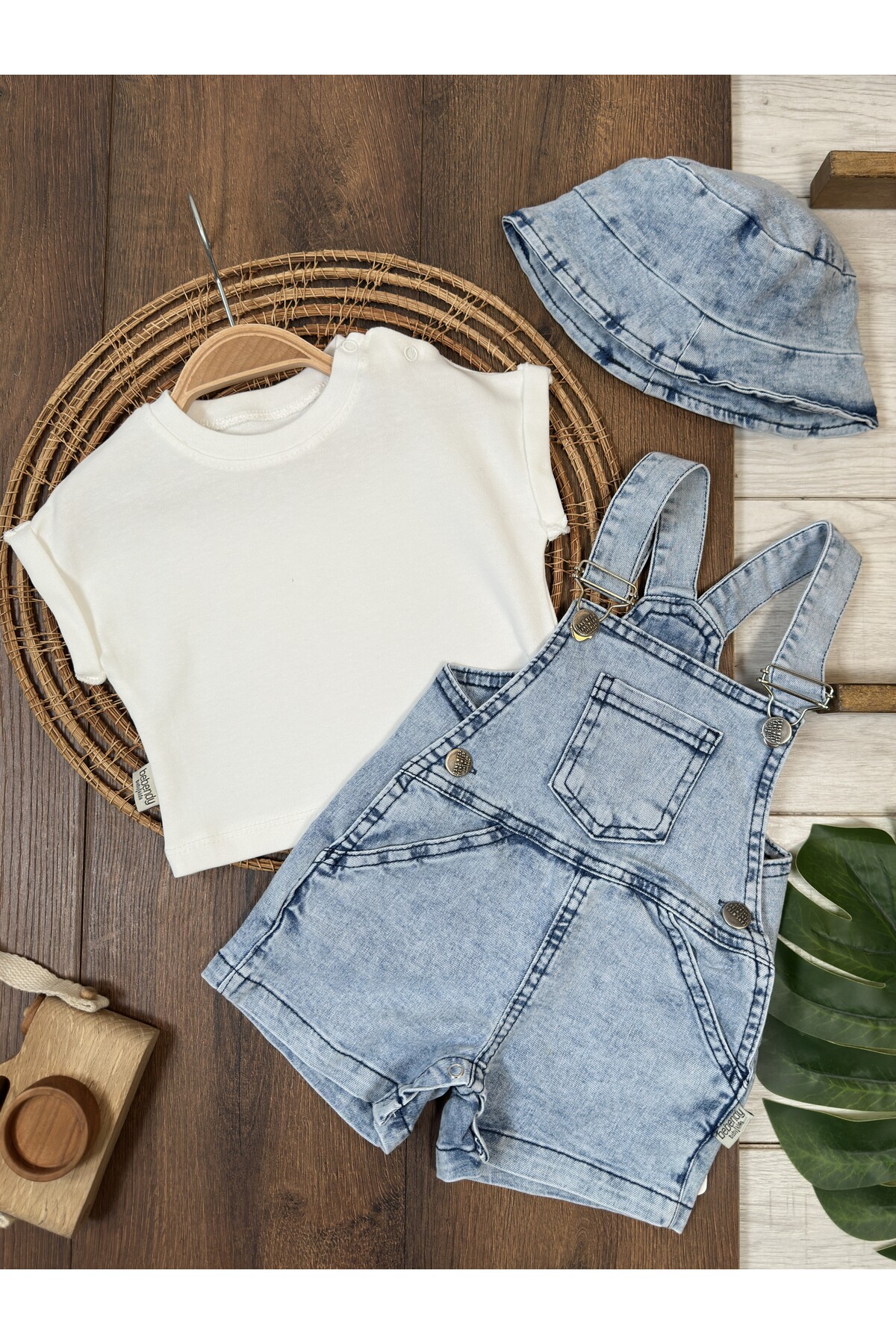 Bolly Baby Denim Salopet Hat Waffle T-Shirt Kangaroo Pocket Unisex Summer Baby Set