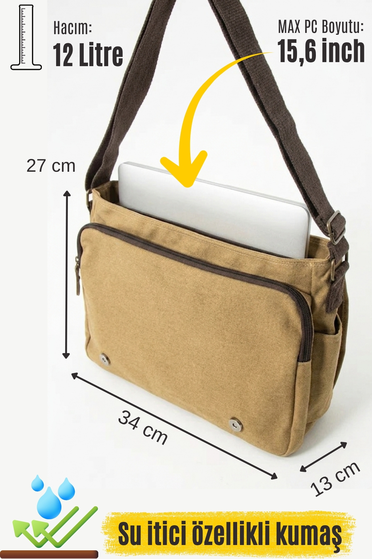 byhakan GK56 KANVAS (PAMUK) POSTACI ÇANTASI EVRAK OKUL ÜNVERSİTE LAPTOP NOTEBOOK MACBOOK TABLET BEJ görsel 8