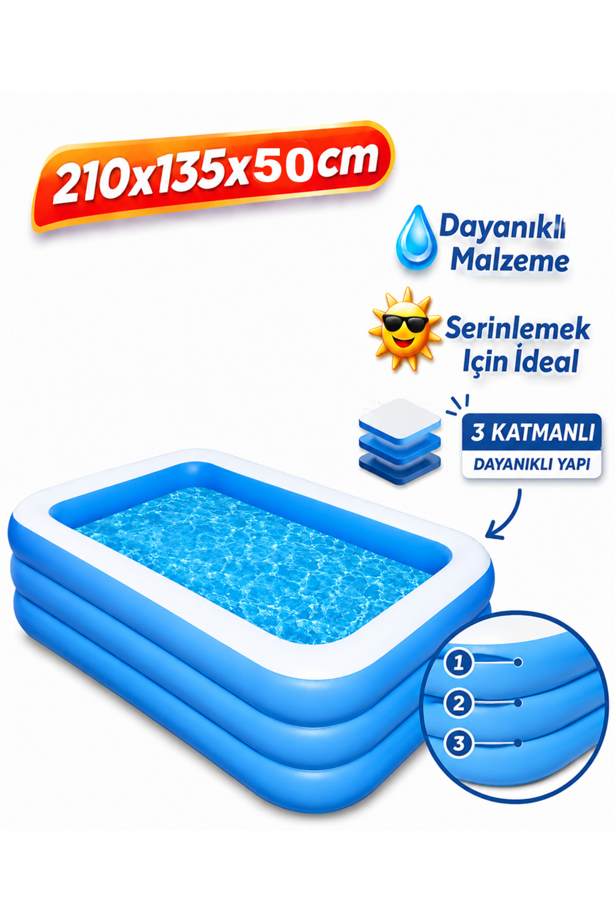 Reidan 210X135X50cm Şişme Havuz Büyük Boy Dikdörtgen Açık Kapalı Yüzme Havuzları Aile Ve Çocuklar Için