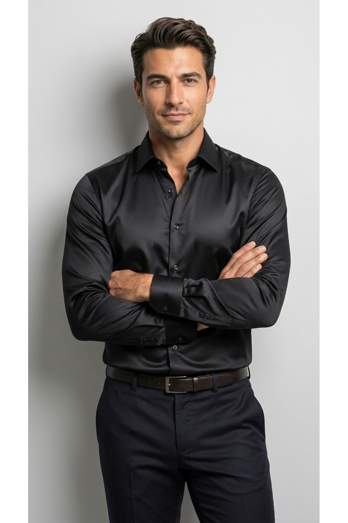 Erkek Slim Fit Klasik Saten Gömlek Uzun Kollu Modern Kesim — مشکی VYM-183292-MN — تصویر 5 از 8
