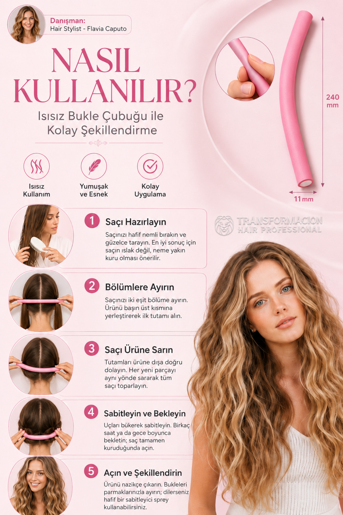 Transformacion 10'lu Sosis Bigudi Seti 11mm | Isısız Esnek Saç Şekillendirici | Doğal Dalga ve Bukle için Latex Köpük Bigudi 719268 görsel 2