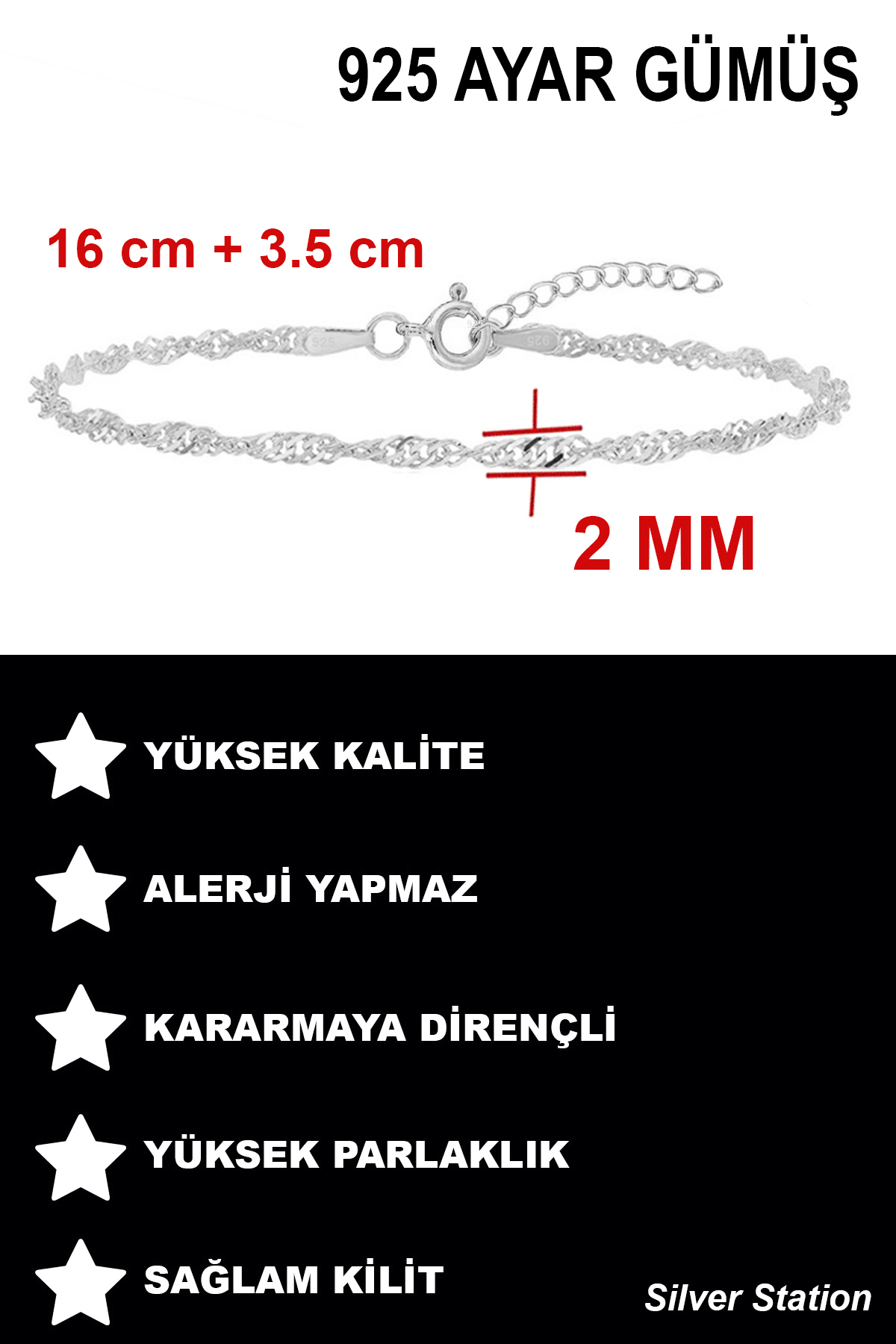 Silver Station 925 Ayar Gümüş Singapur Kolye ve Bileklik Set 40-45-50-55-60-75 cm görsel 5