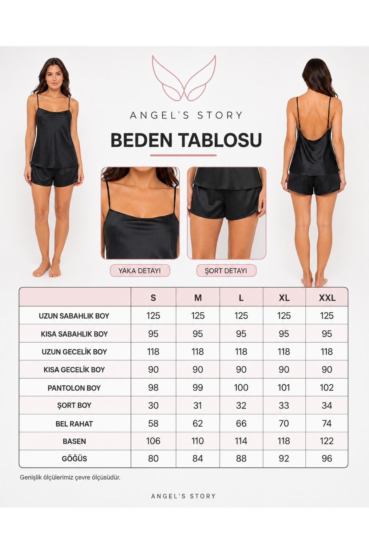 angel´s story Kadın Saten Askılı Şortlu Pijama Takımı Dökümlü Yaka 2’li Pijama Takımı görsel 8