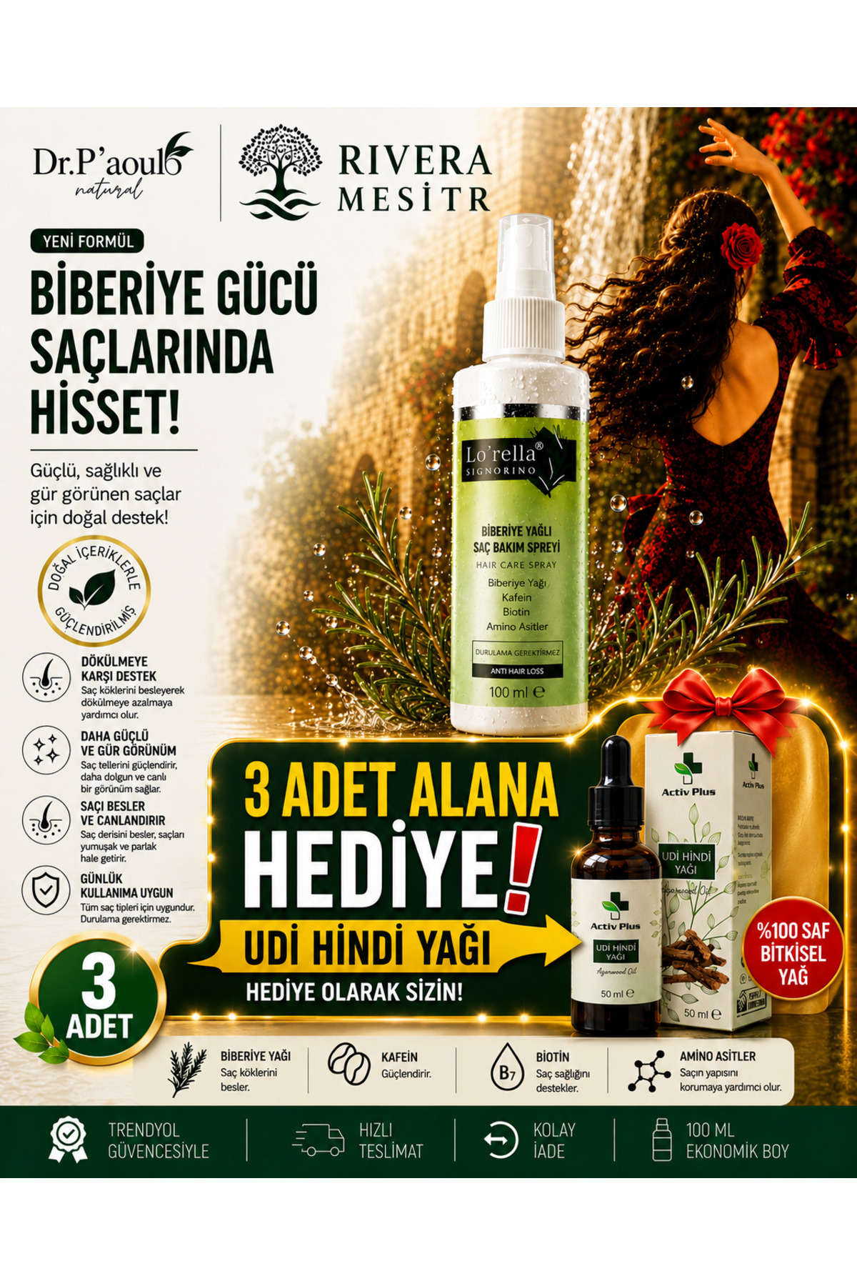 Biberiye Yagı saç bakım spray 100ml 3 ADET — 62