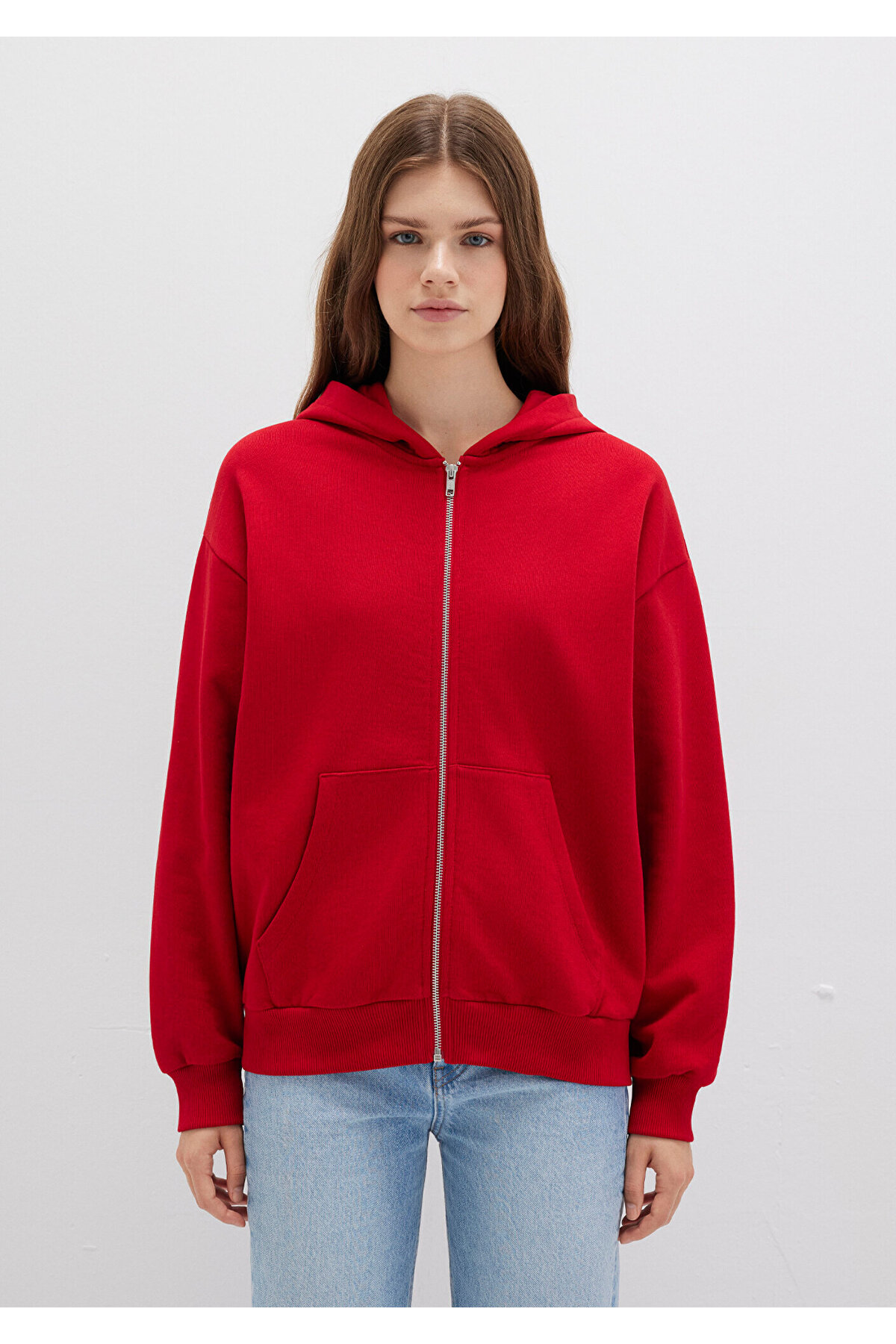Mavi  Fermuarlı Kapüşonlu Kırmızı Basic Sweatshirt 1611775-82054 - Görsel 4