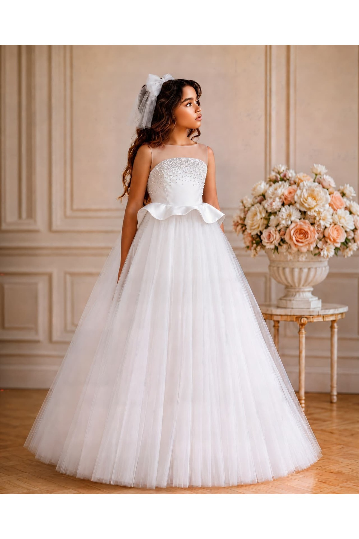 Girl Pearl Tulle Evening Dress Wedding Dress with Tarlatan Buckle - Wedding, Prom and Special Day Dress