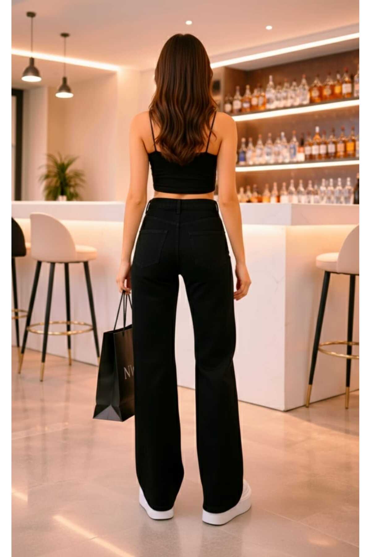 LİMABEL Yüksek Bel Siyah Kot Pantolon Siyah Salaş Jeans Likralı Esnek Palazzo görsel 7