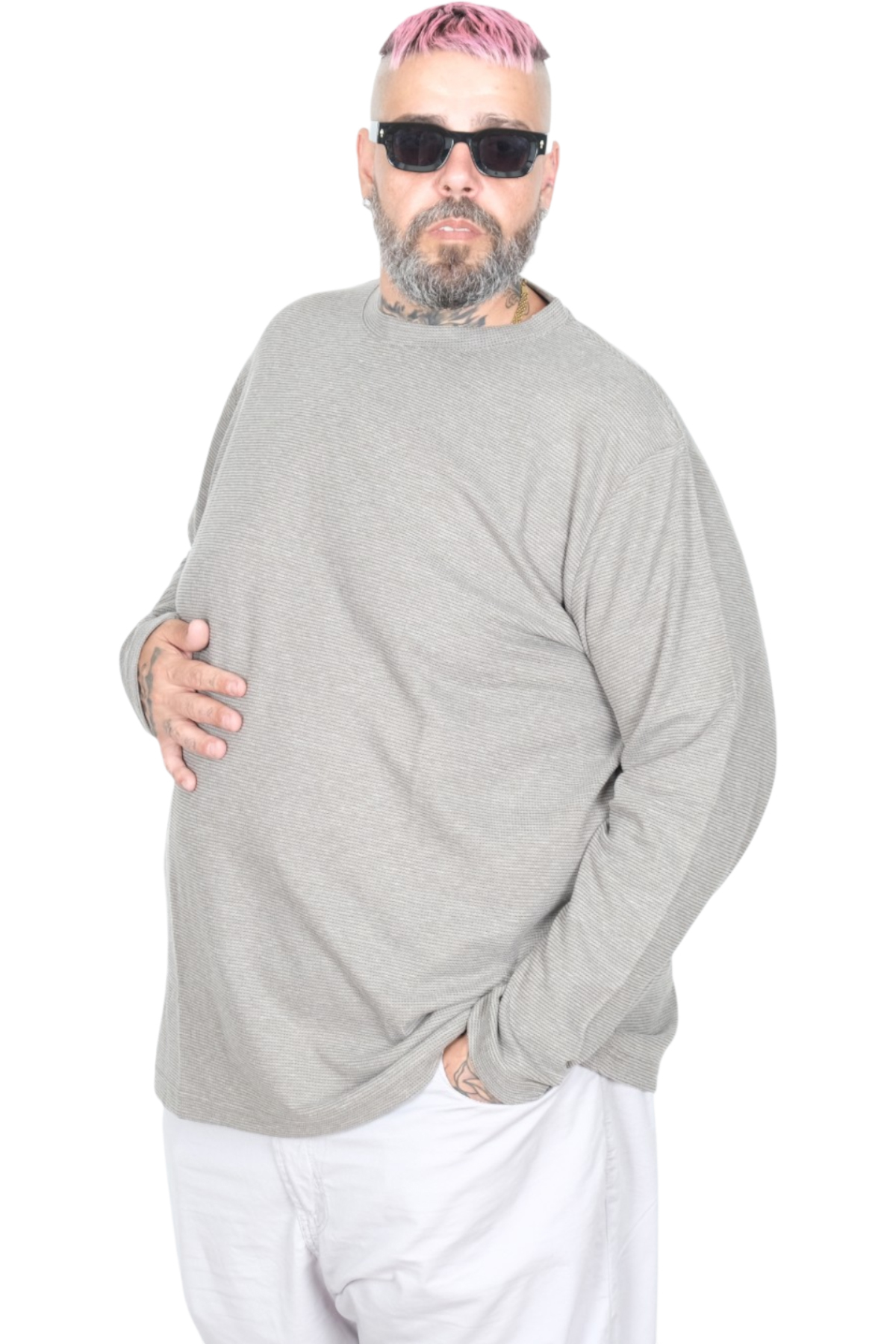 ModeXL Mode XL Büyük Beden Erkek Sweatshirt Bisiklet Yaka Uzun Kol WAFFLE 23460 Haki görsel 3
