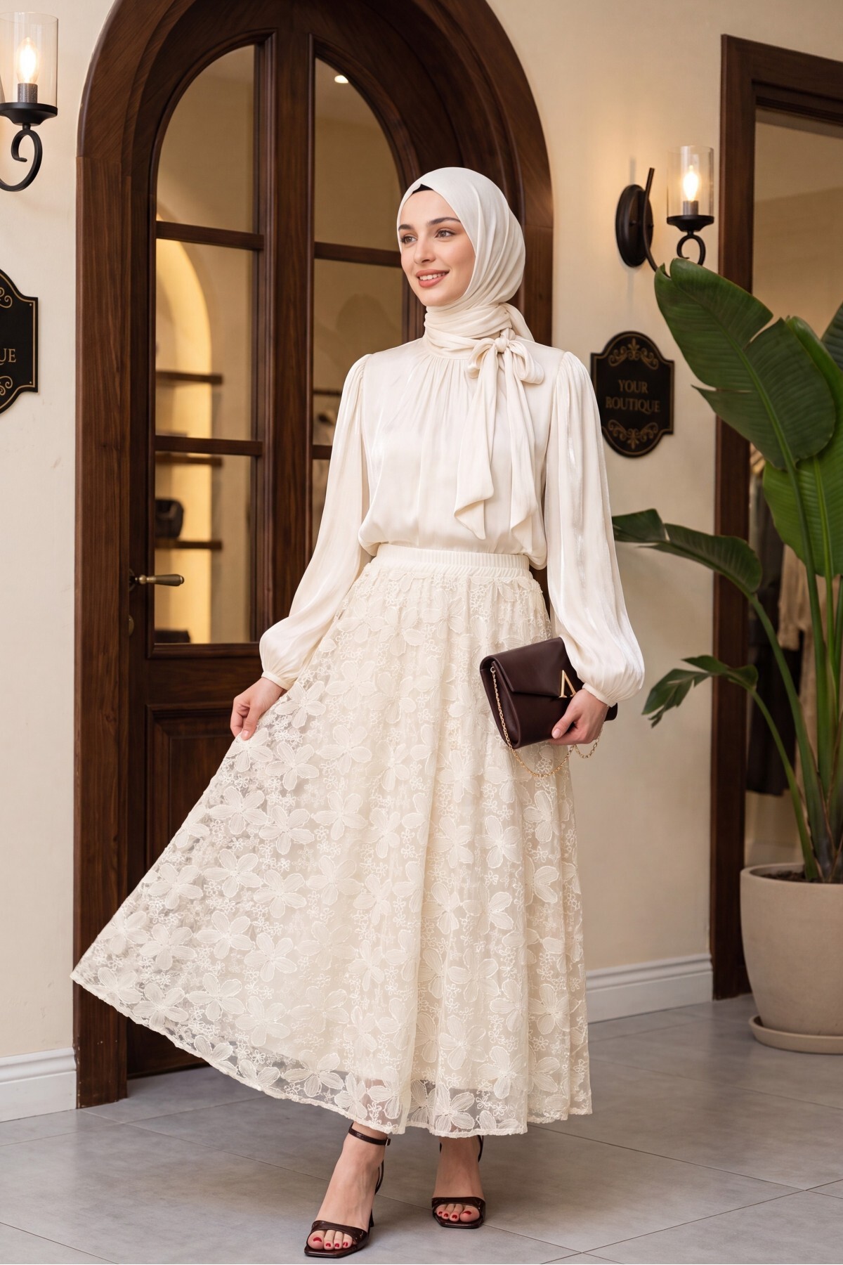 Modamorfo Janjan Suit with Sequin Lining on the Skirt, Tieable Collar and Elastic Sleeves - Beige