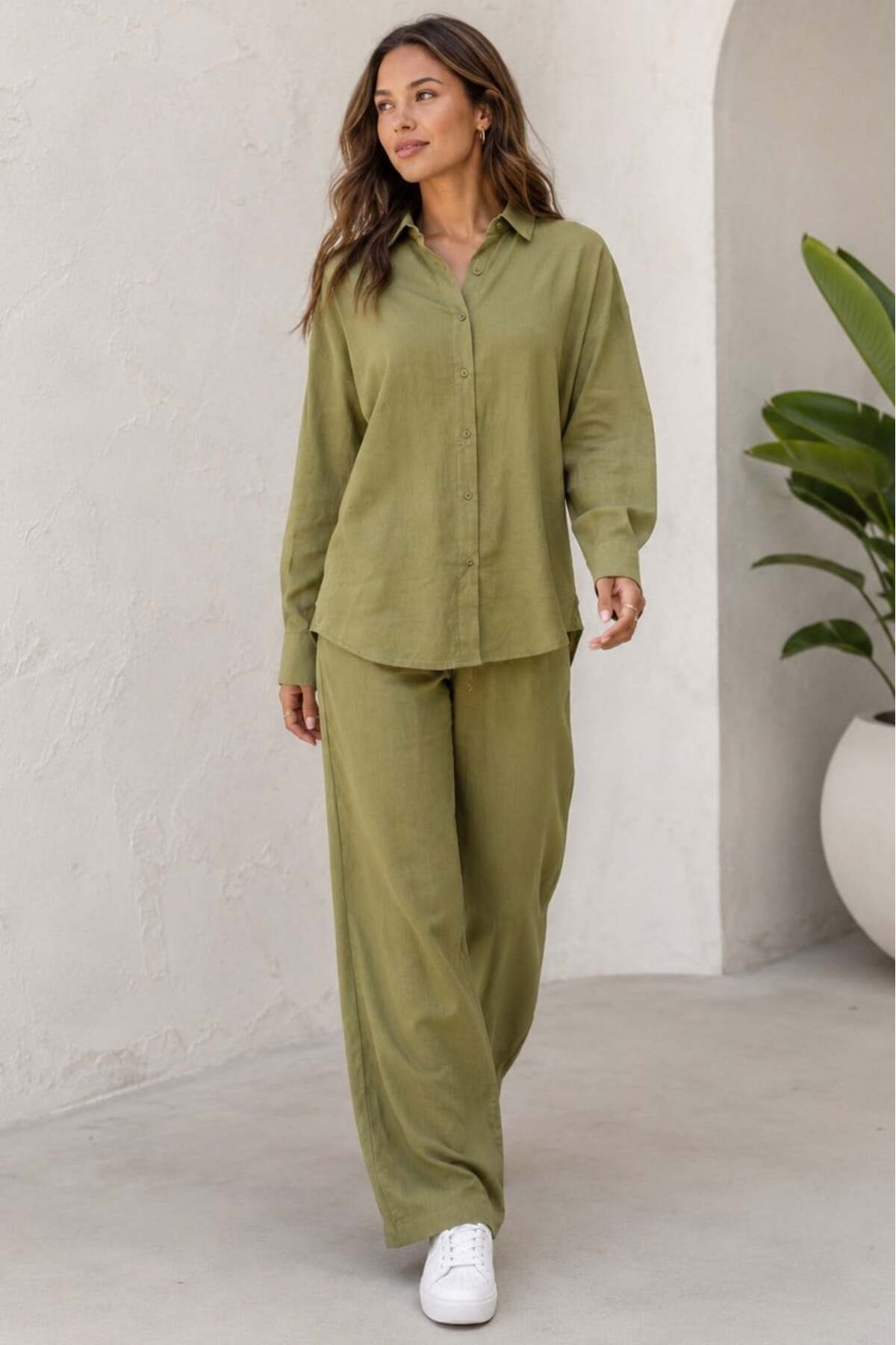 Light Green Basic Women's Shirt Pants 2 Piece Set Mg2352