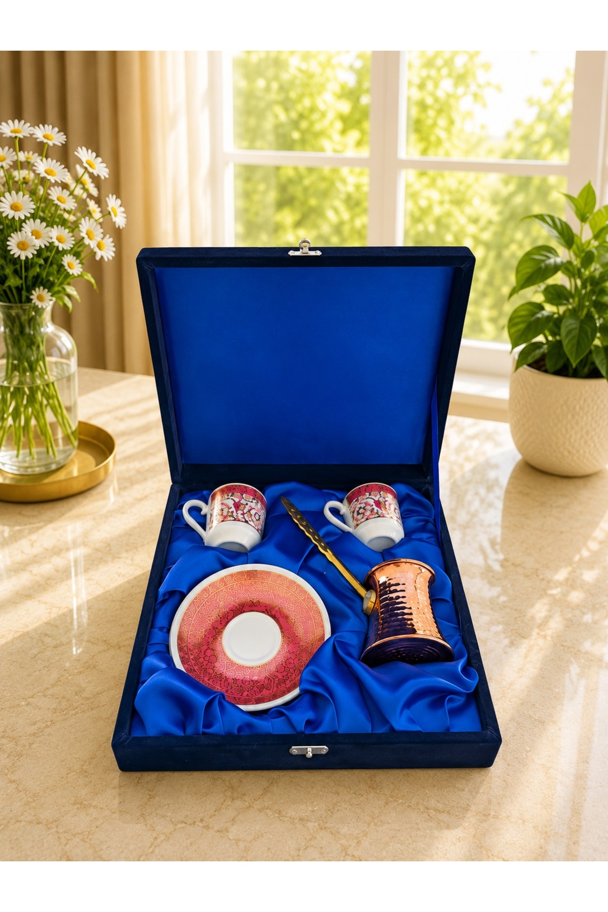 Velvet Boxed Copper Charm Gilded Double Porcelain Cup Set