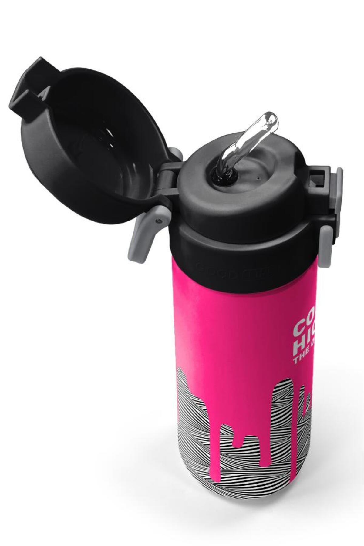 Kids Pembe Siyah Beyaz Desenli Pipetli ve Direkt İçim Çelik Termos 500 ml 31878