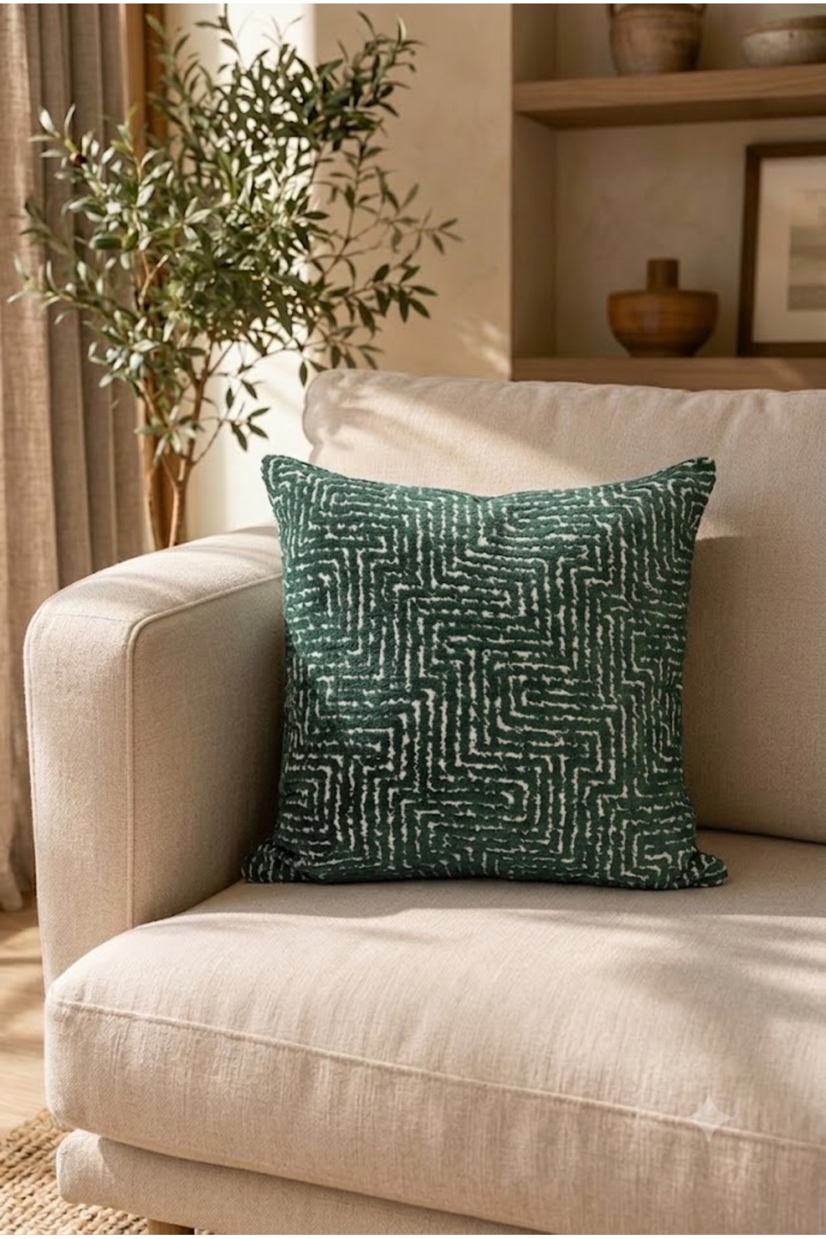 LABYRINTH PATTERNED KHAKI WOVEN PILLOW CASE 43X43 CM