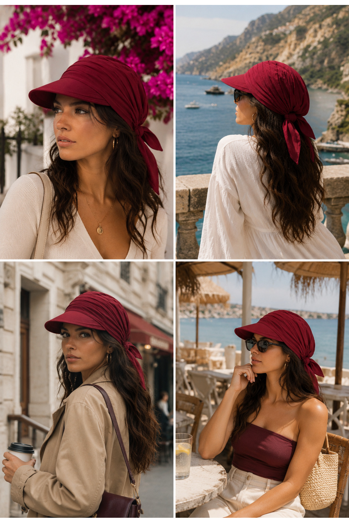 Wearflawless Bordo Safari Bağlamalı Siperli Bandana Şapka, Yazlık Güneşlik Şapka Plaj Deniz Vizör Şapka görsel 4