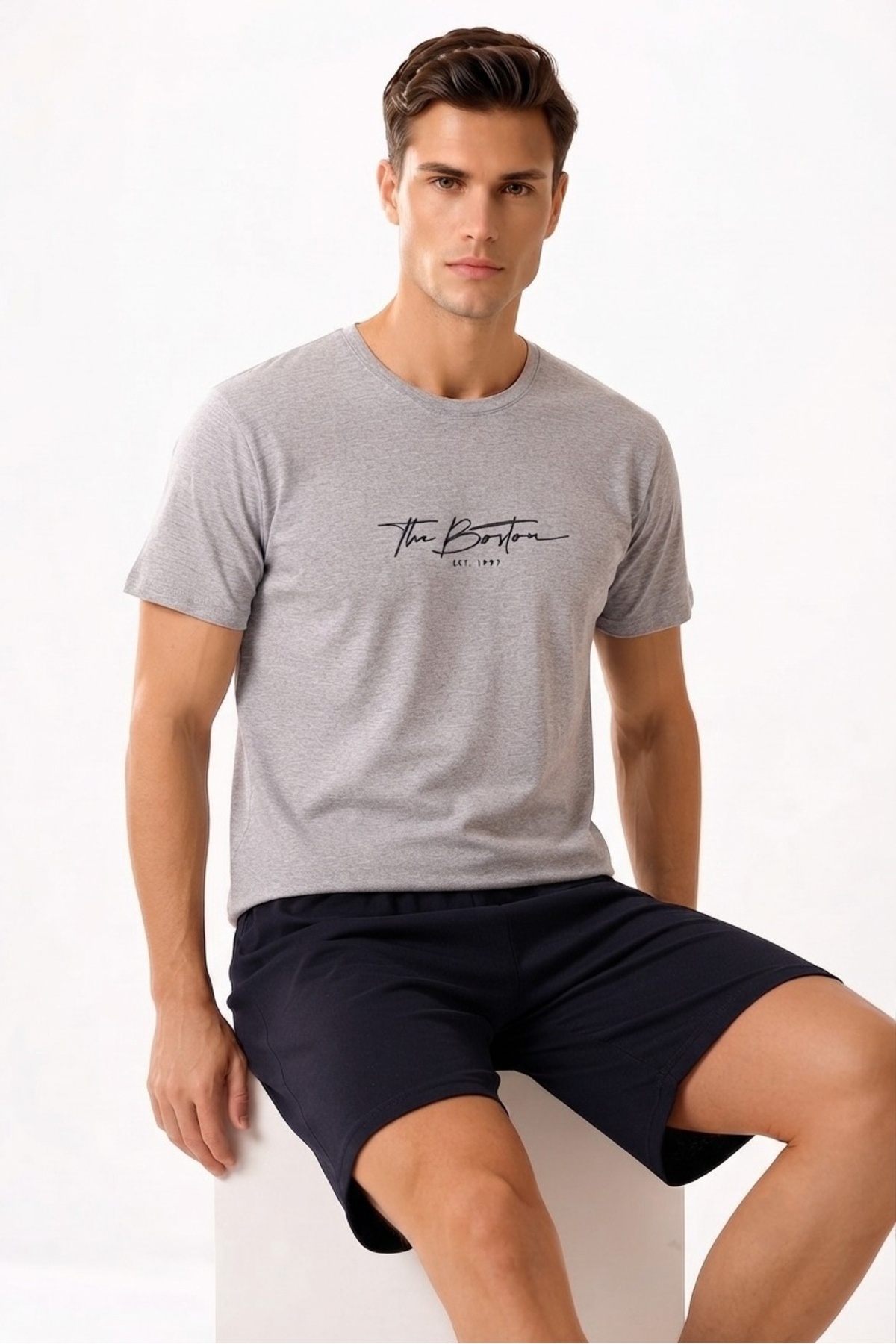 Sude HOMEWEAR Men's Short Sleeve Shorts Pajama Set with Writing on the Front