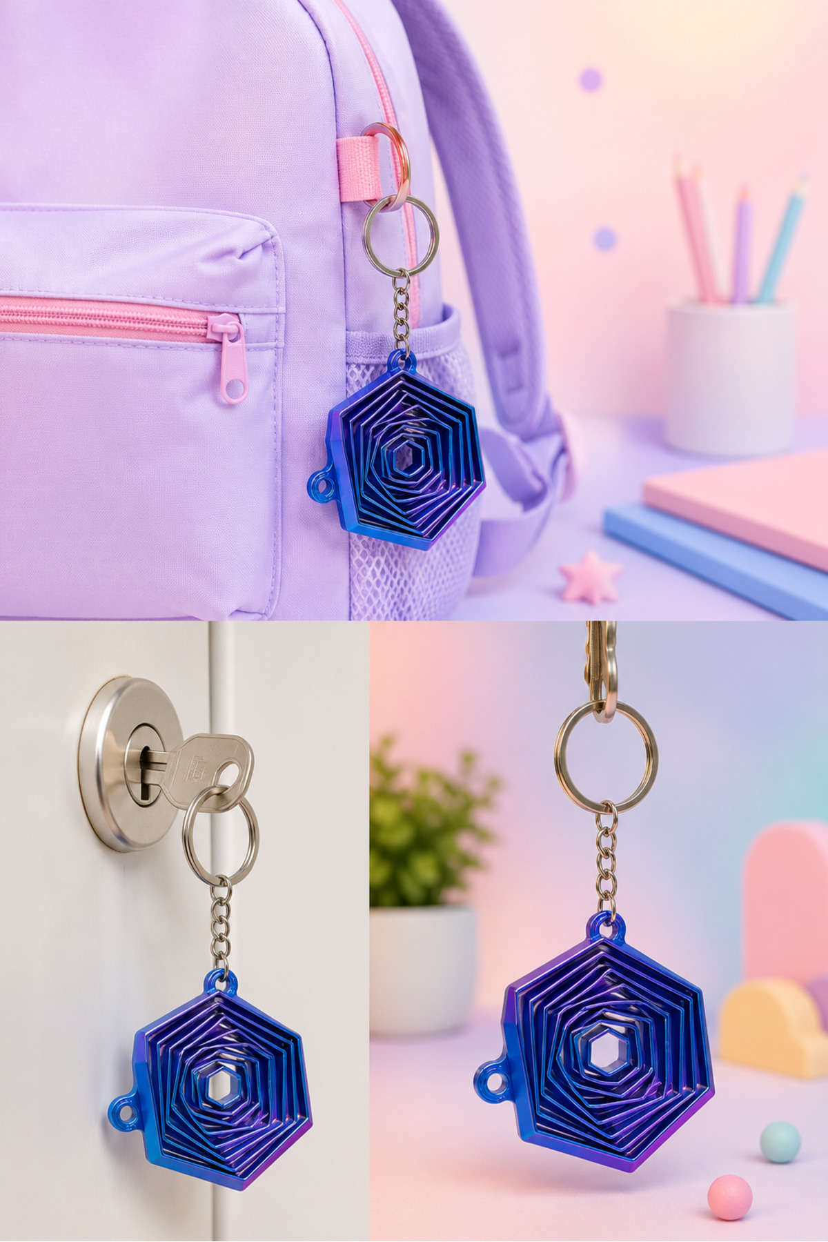 Sensory Keychain Spiral – Stress Relief Bag, Wallet Accessory, Attention Enhancing Anti Stress Fidget Stress Hex Keychain