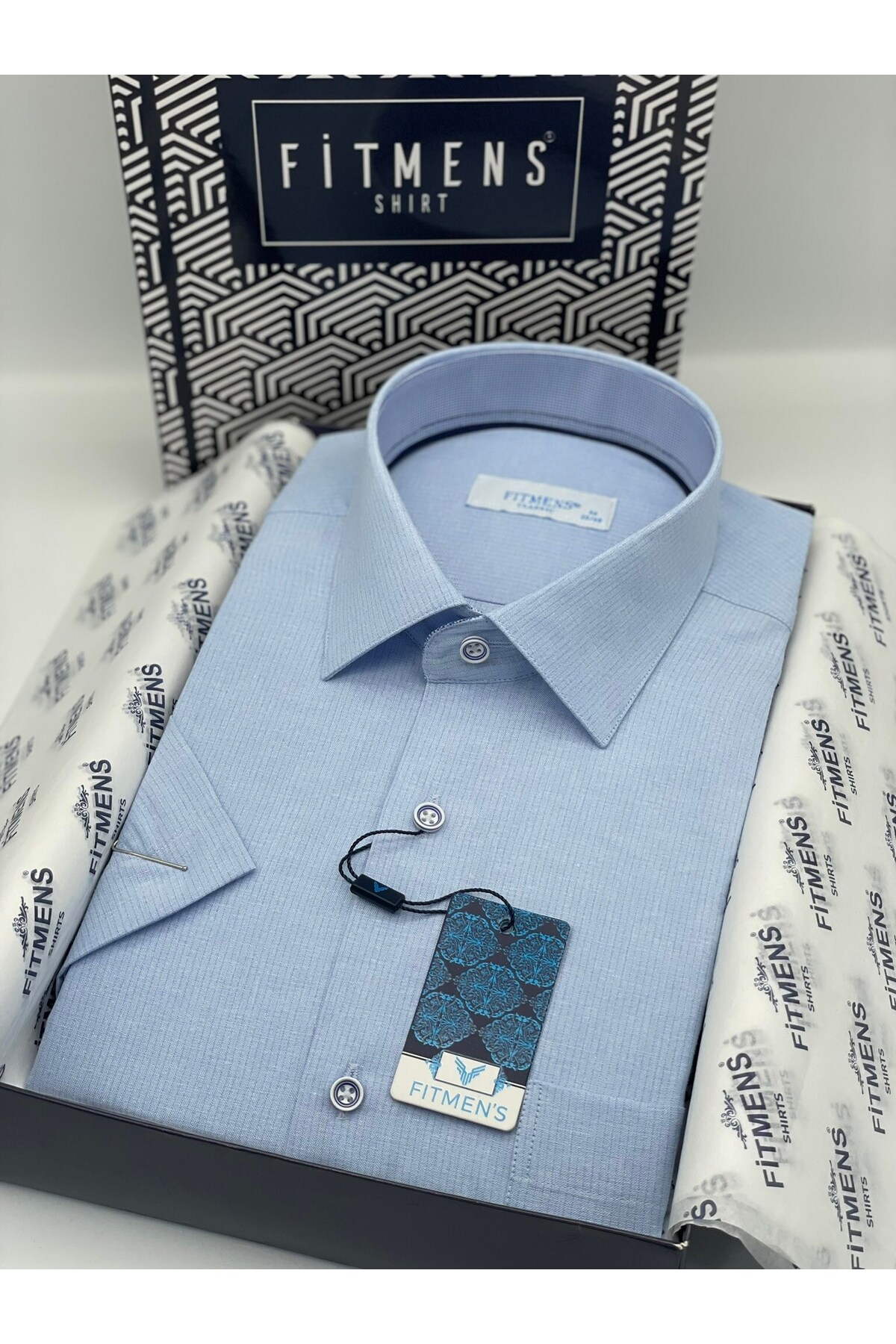 Classic Short Sleeve Linen Cotton Men's Shirt with Gift Box FS-003624 - Light Blue