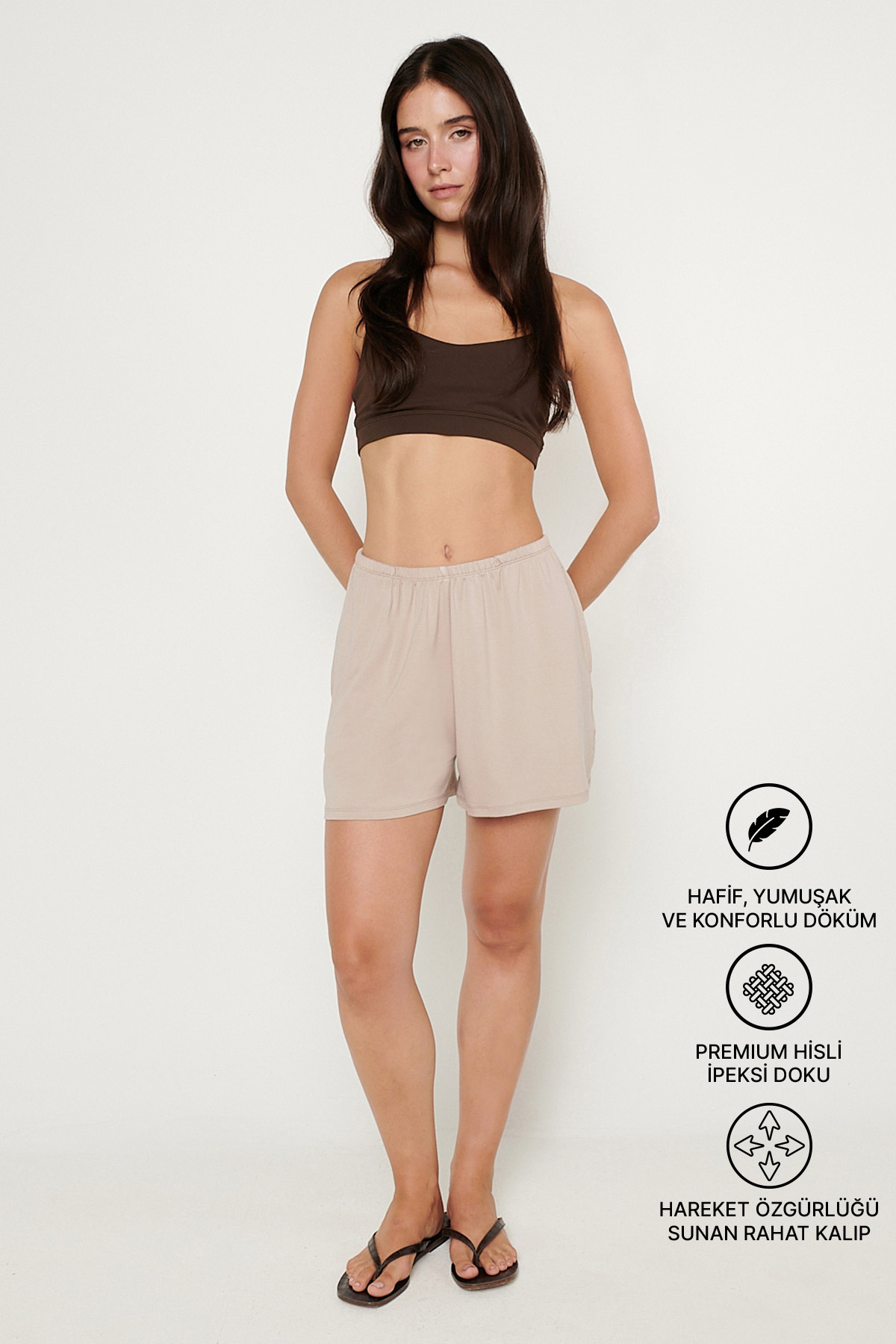 Women's Beige Knitted Stretchy Shorts Premium Viscose Soft Texture Standard Fit Elastic Waist Pockets Casual