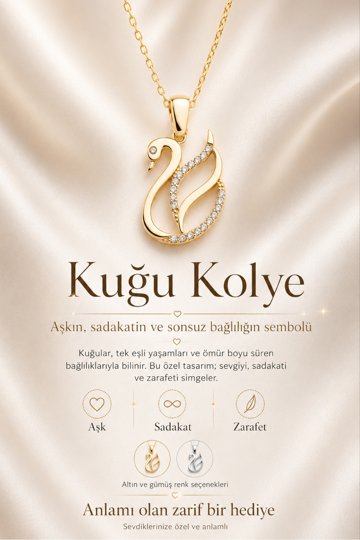 Two Arts Kadın 925 Ayar Gümüş Kuğu Kolye | 14K Altın Kaplama görsel 3