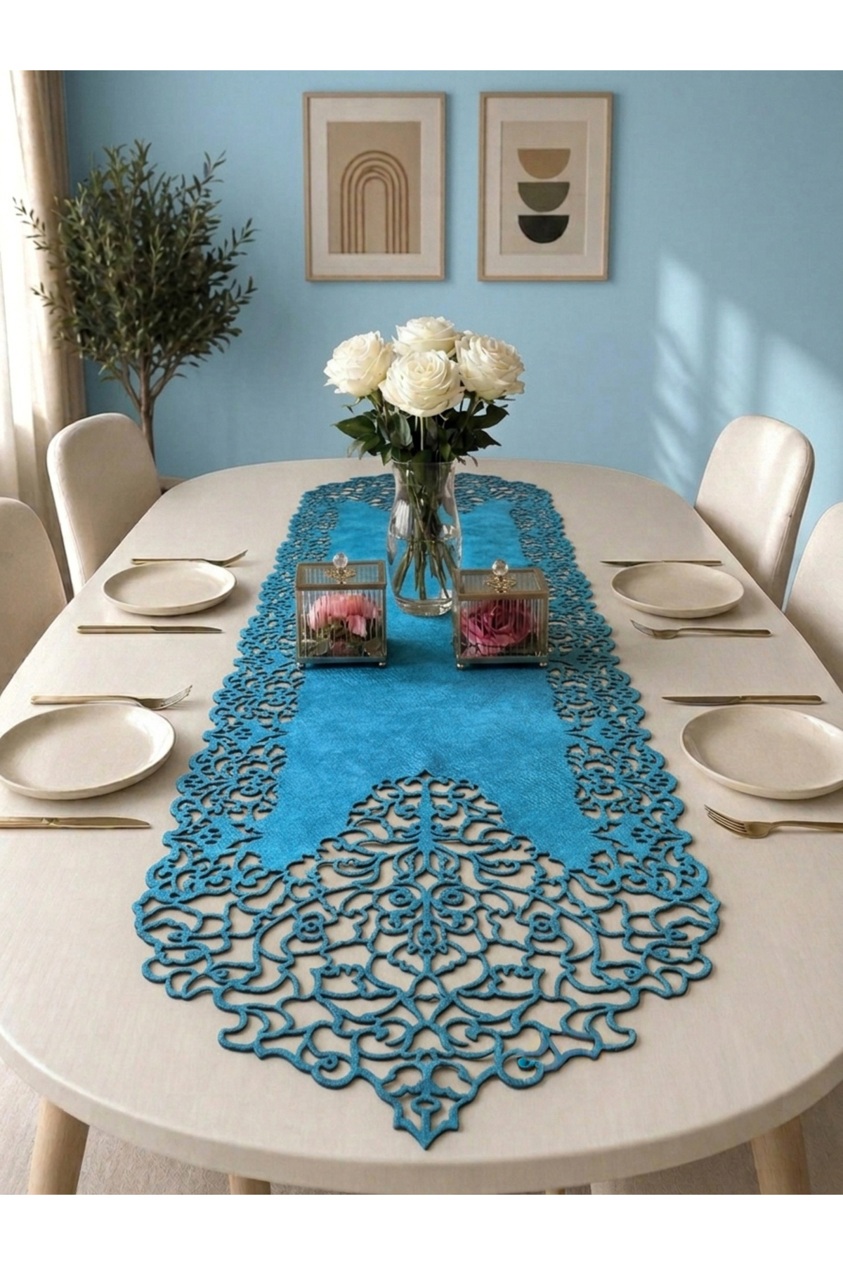 Blue Suede Fabric Slim Cut Runner Table Length 40x140cm