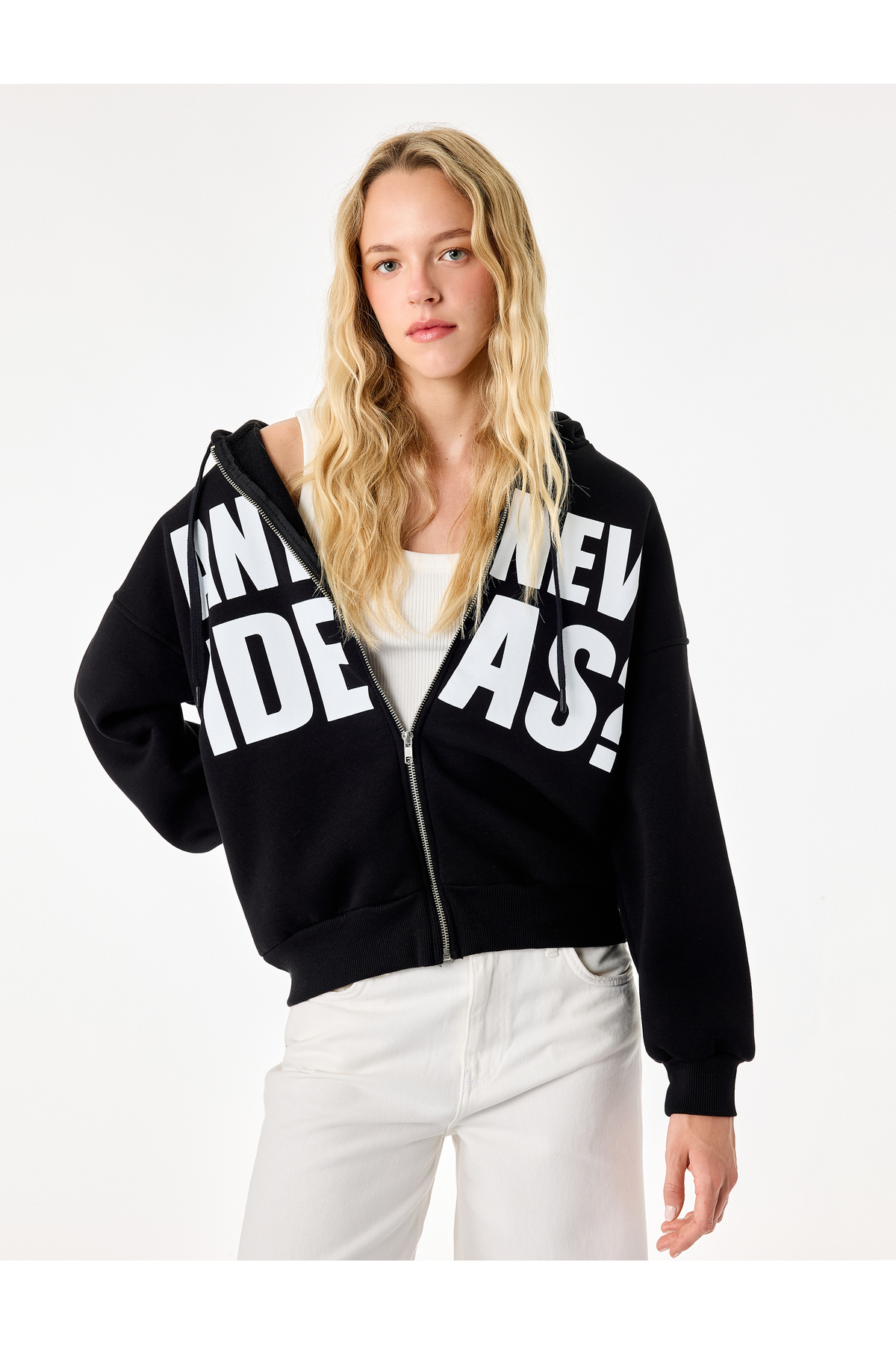 Koton Üç İplik Şardonlu Uzun Kollu Kapüşonlu Baskılı Fermuarlı Oversize Sweatshirt görsel 2