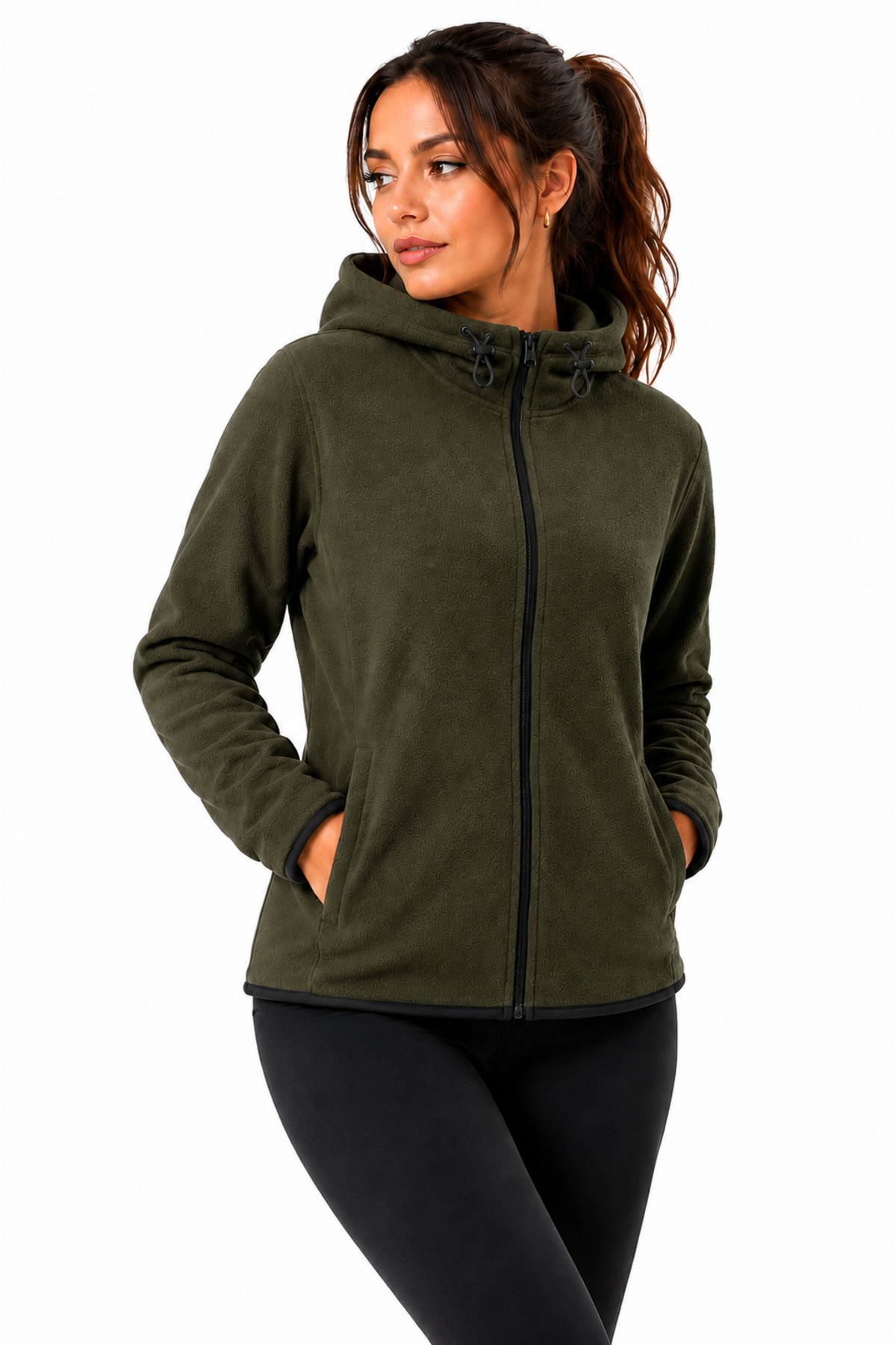 GHASSY CO Kadın Haki Kapşonlu Fermuarlı Polar Sweatshirt görsel 2