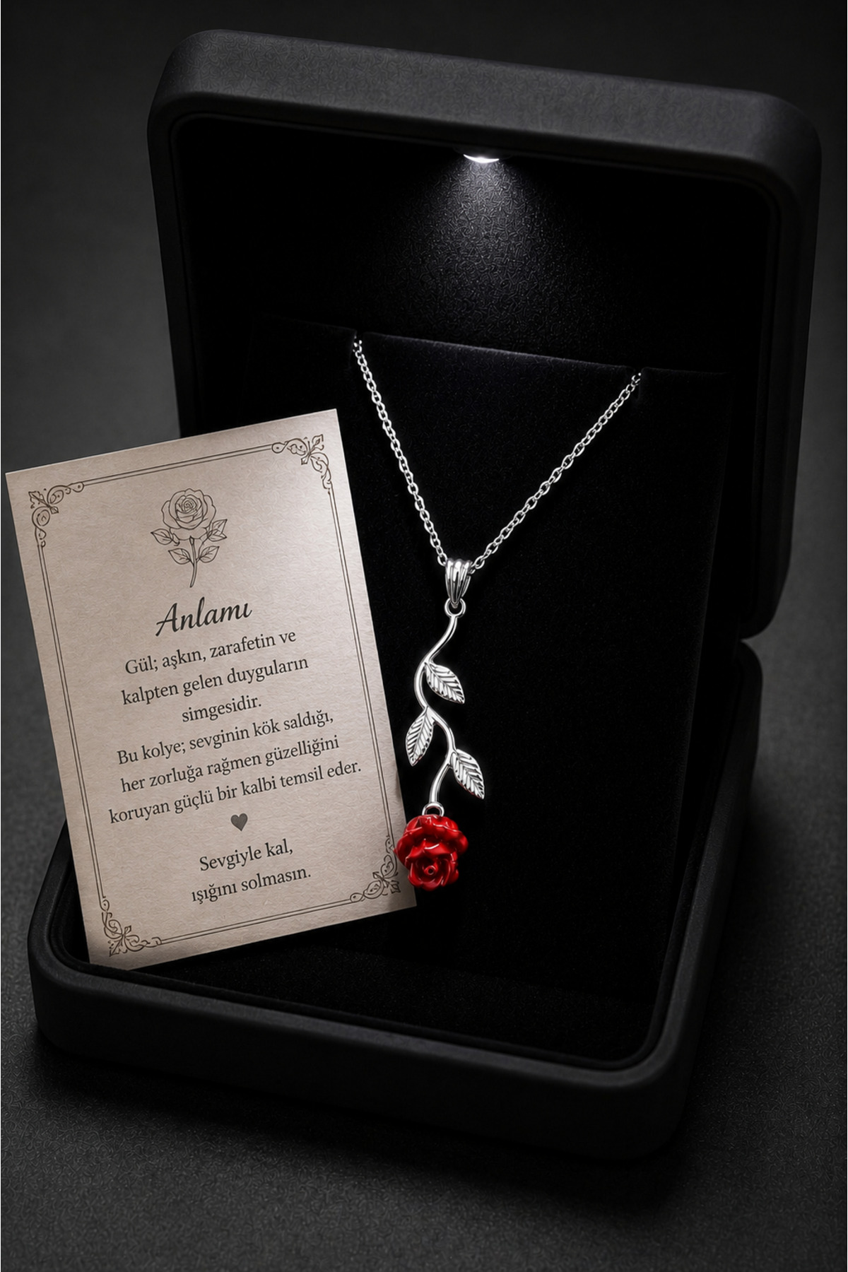 ÇEKİRDEK JEWELRY Işıklı Hediye Kutulu 925 Ayar Gümüş Rodyum Kaplama Ters Güllü Kolye