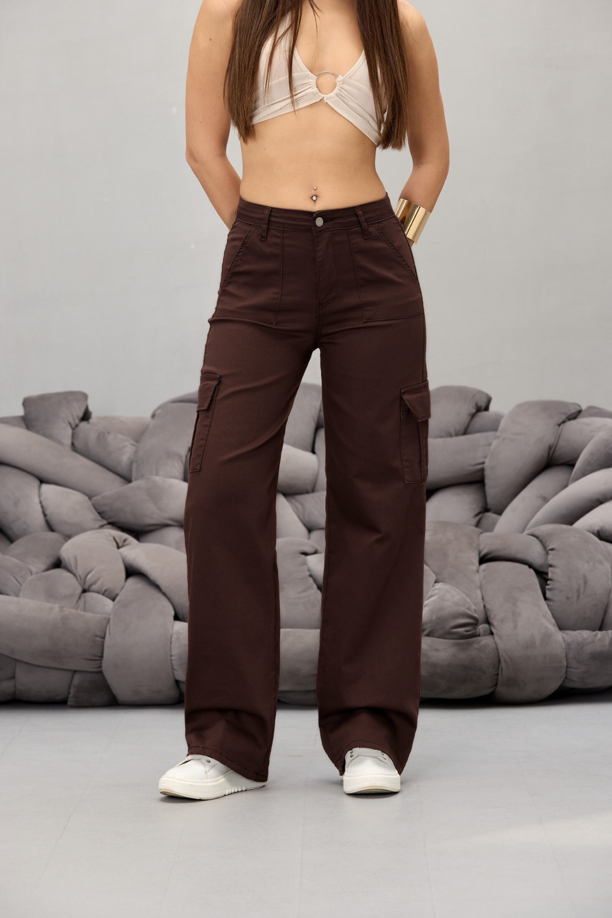 Kahve Kargo Cepli Likralı Yüksek Bel Wide Leg Pantolon 4