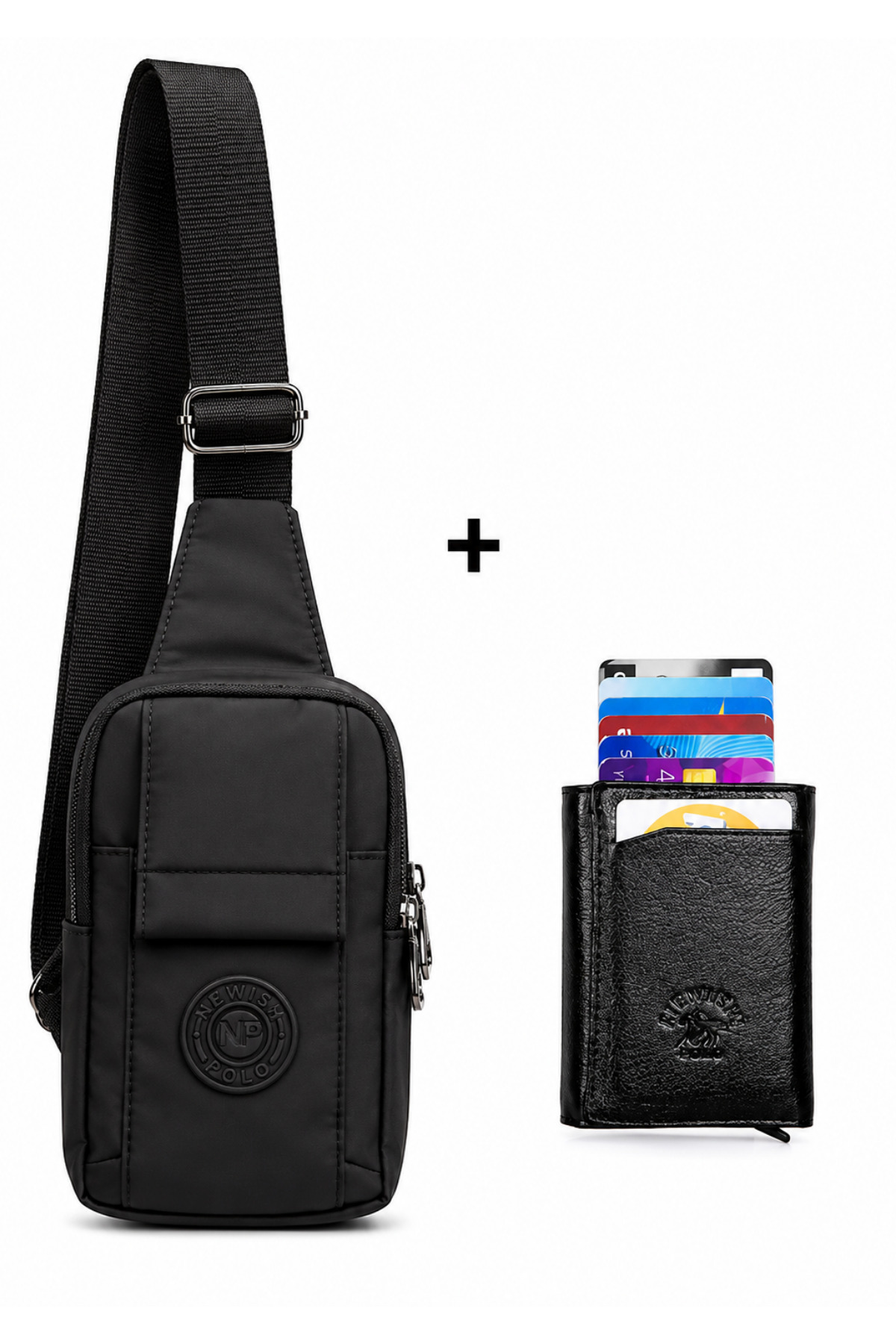 NEWISH POLO ACCESSORIES krinkel Siyah Telefon Bölmeli Bel Çapraz Omuz Çanta Göğüs Günlük Bodybag ve Kartlık Cüzdan