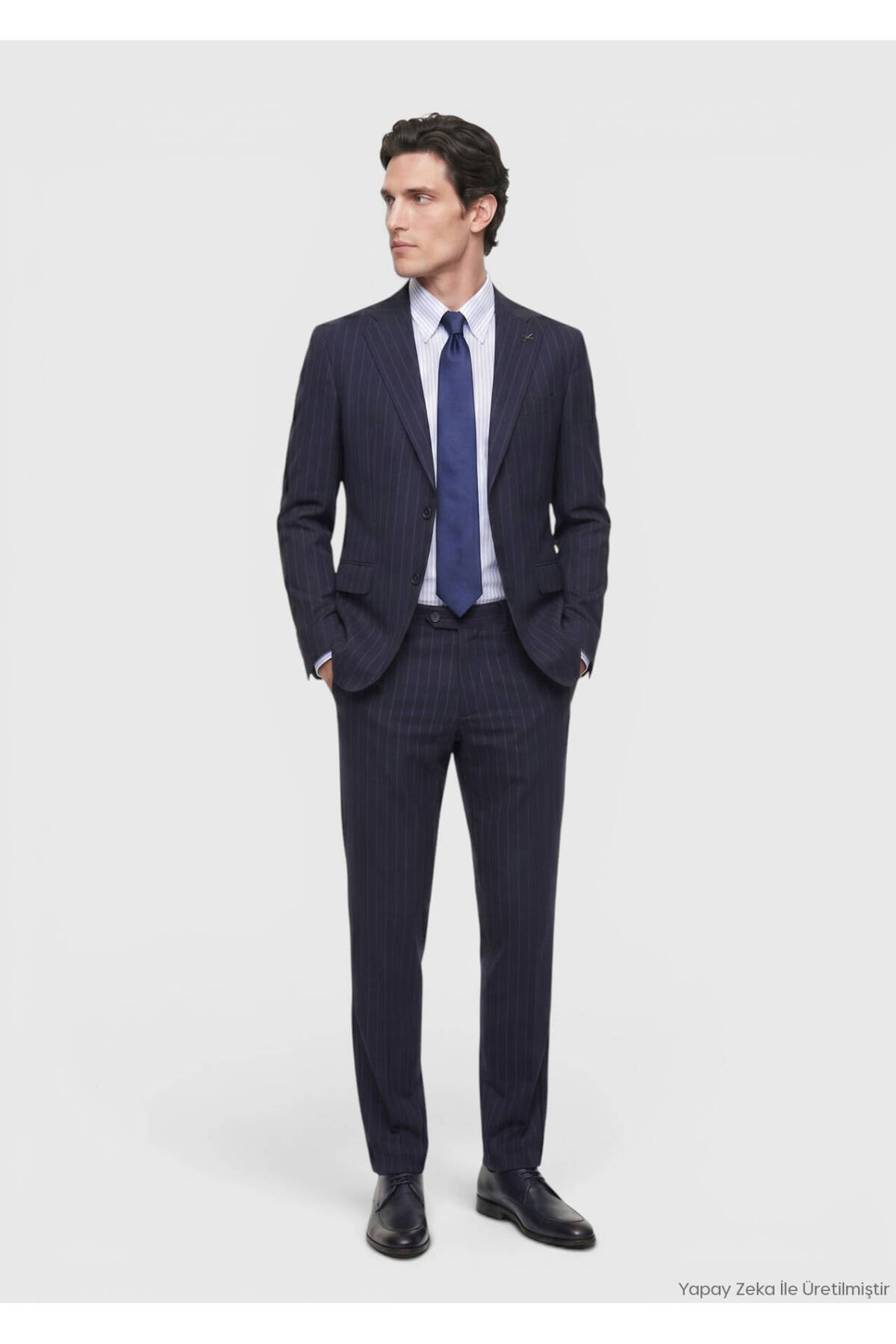 Ramsey Lacivert Çizgili Zeroweight Slim Fit %100 Yün Takım Elbise