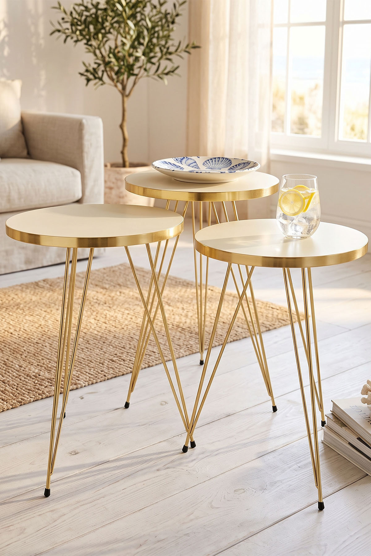 Zigon Sehpa Gold Krem Tel görsel 5