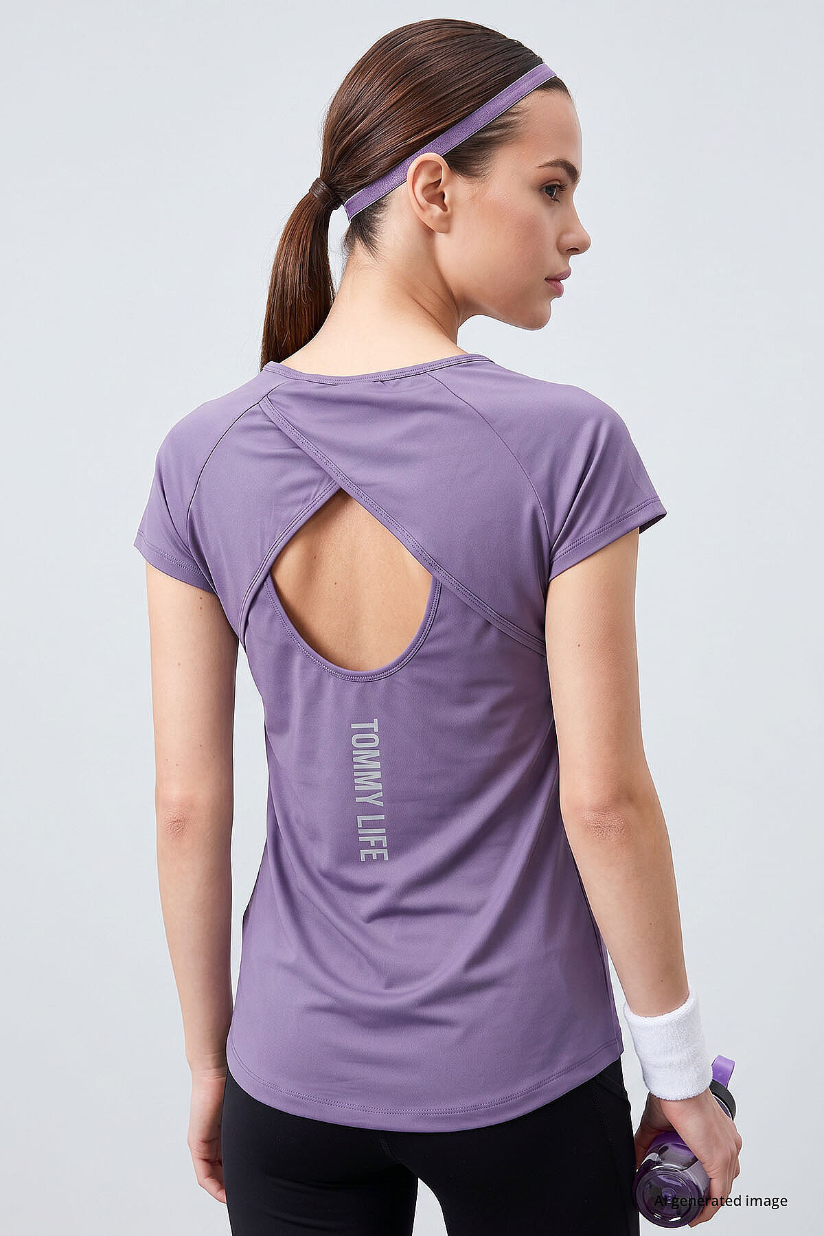 TOMMY LIFE Eflatun Sırt Pencereli Kısa Kol Standart Kalıp O Yaka Kadın T-Shirt - 97101 görsel 5
