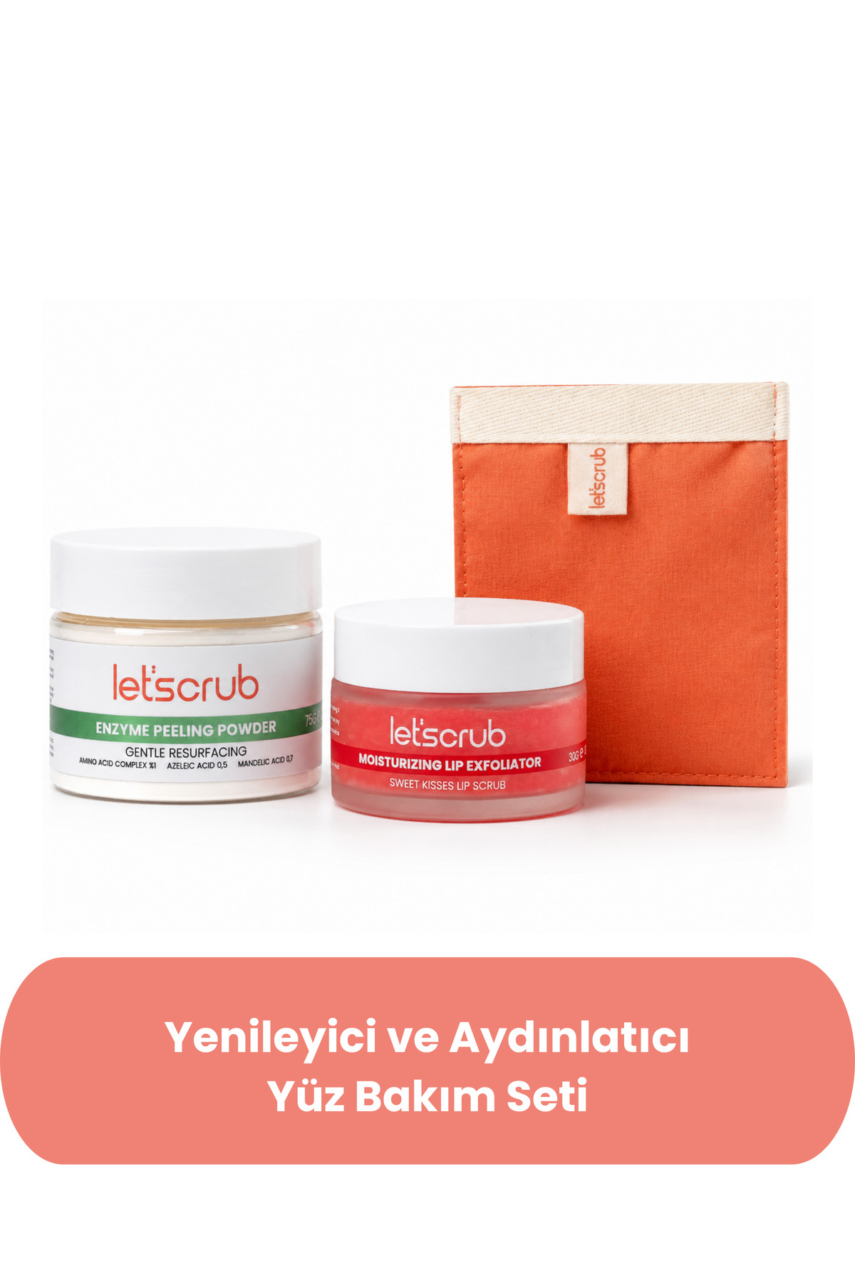 LET'SCRUB Yenileyici ve Aydınlatıcı Yüz Bakım Seti - Enzim Peeling Tozu, Dudak Peelingi , Yüz Kesesi — yuzbakımseti