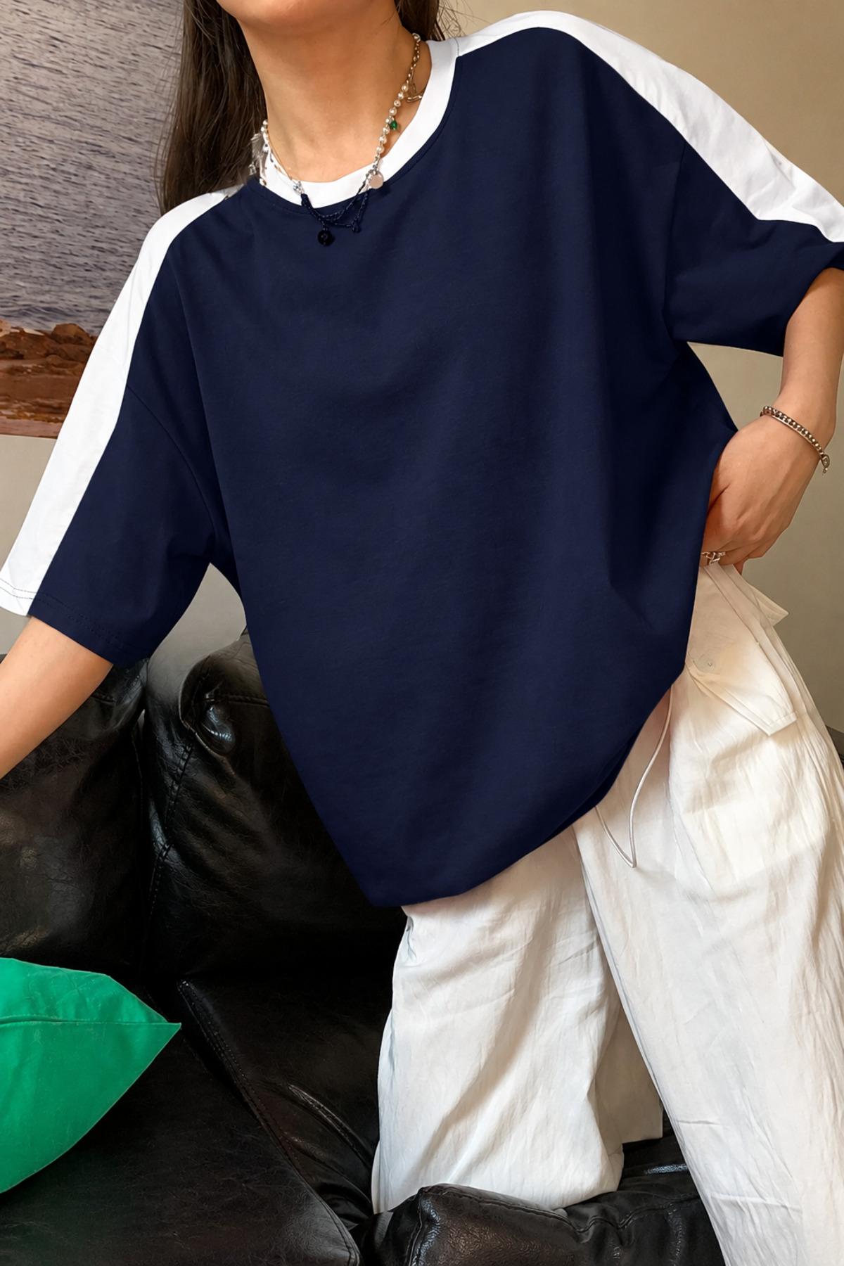 CLAYES Navy Blue Body Color with White Stripes Single Jersey T-Shirt - Oversize Crew Neck Short Sleeve T-Shirt