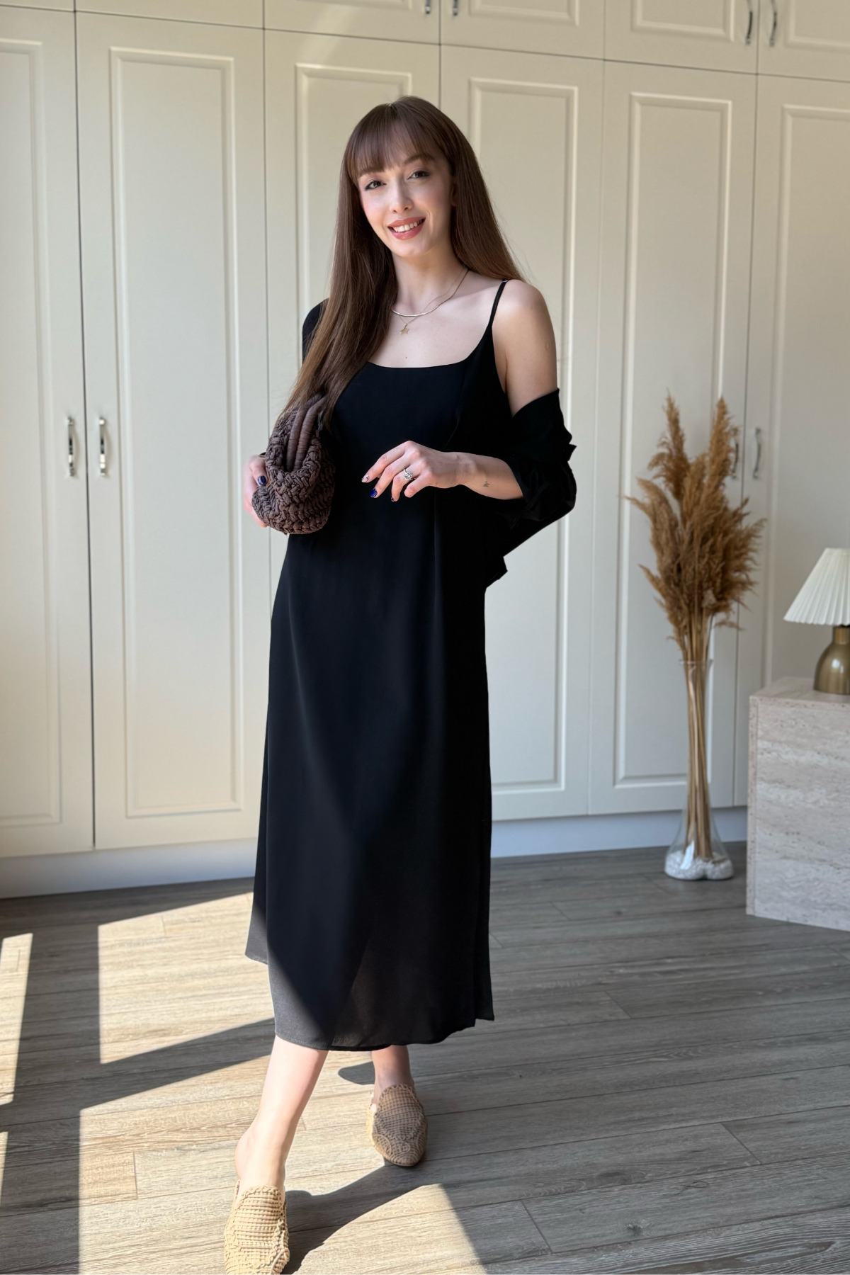 Chest Drape Detailed Shirt Dress Black Suit