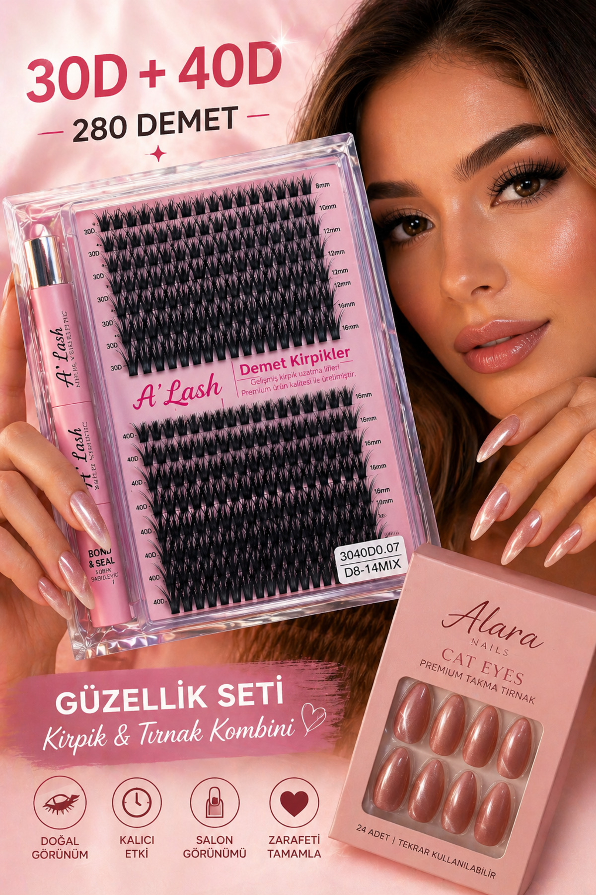 alaraycosmetics Alara’nın Güzellik Kombini 280 Demet 30D 40D Takma Kirpik Seti + 12’li Cat Eyes Takma Tırnak (Bond & Seal Dahil) Full Set - Fiyatı, Yorumları
