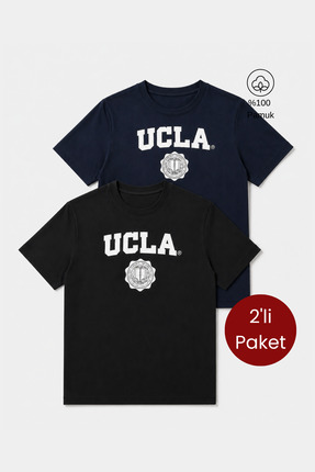 Ucla GAYLEY 2'Li Set Lacivert & Siyah Bisiklet Yaka Baskılı %100 Pamuk Standa...