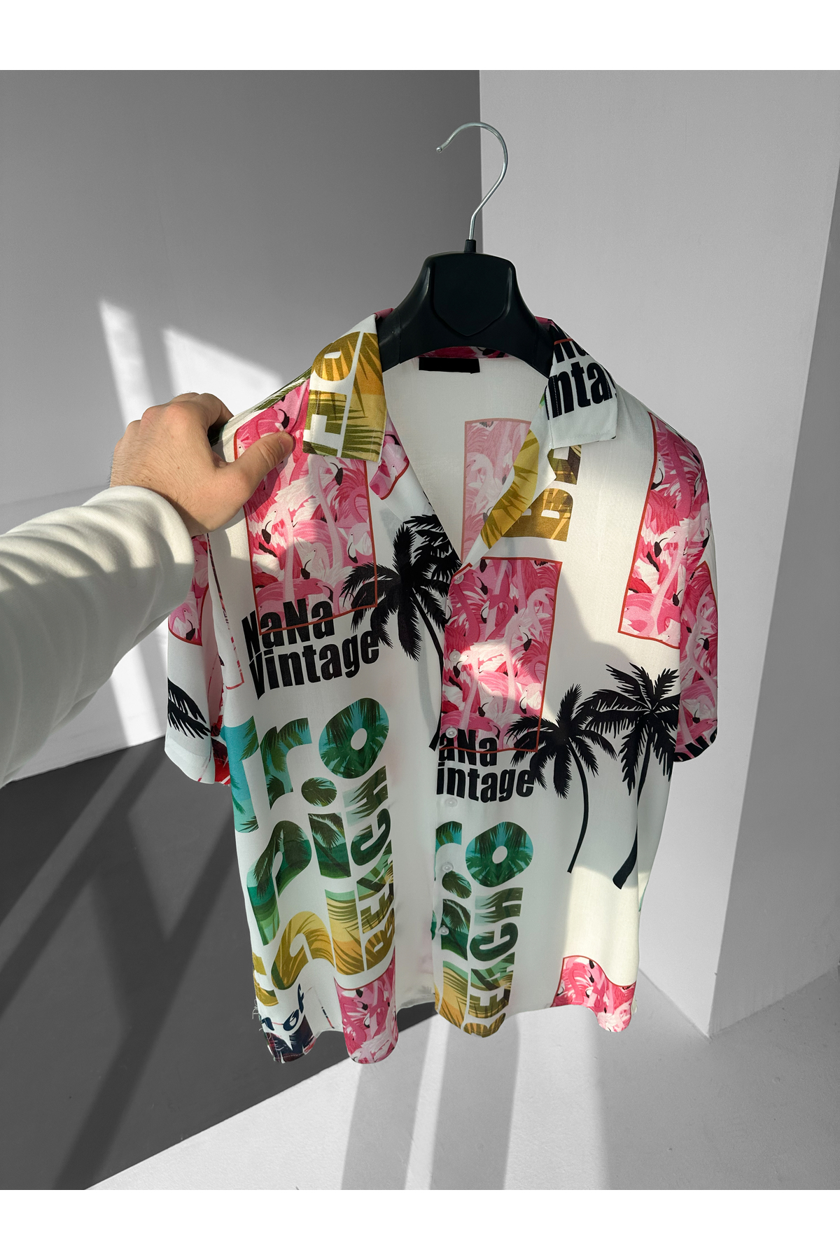 Tropical Cuban Collar Shirt with Flamingo and Palm Pattern