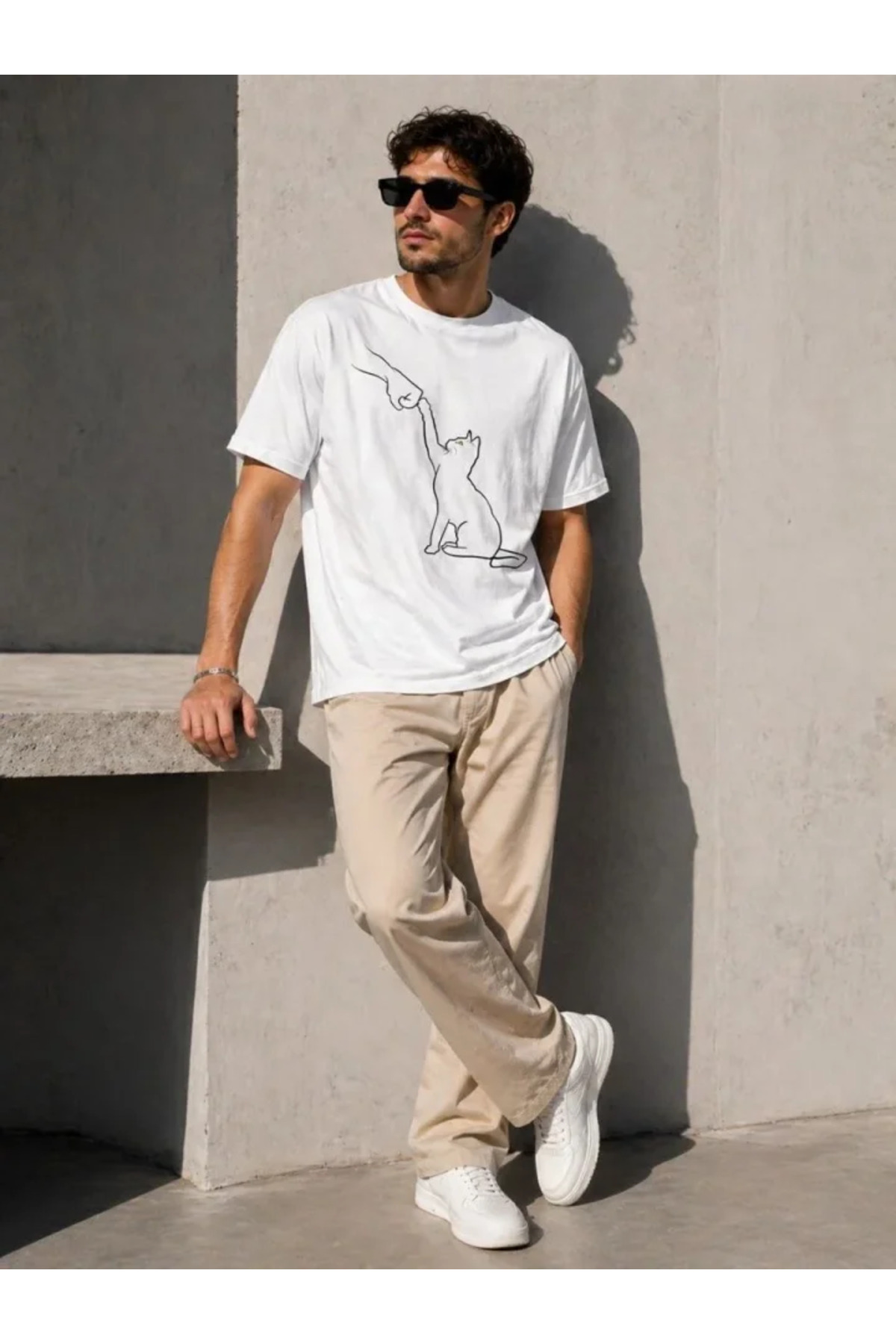 Erkek Minimal Kedi Çizim Baskılı Tişört Kısa Kol Yazlık T-Shirt - Beyaz alternatif görünüm