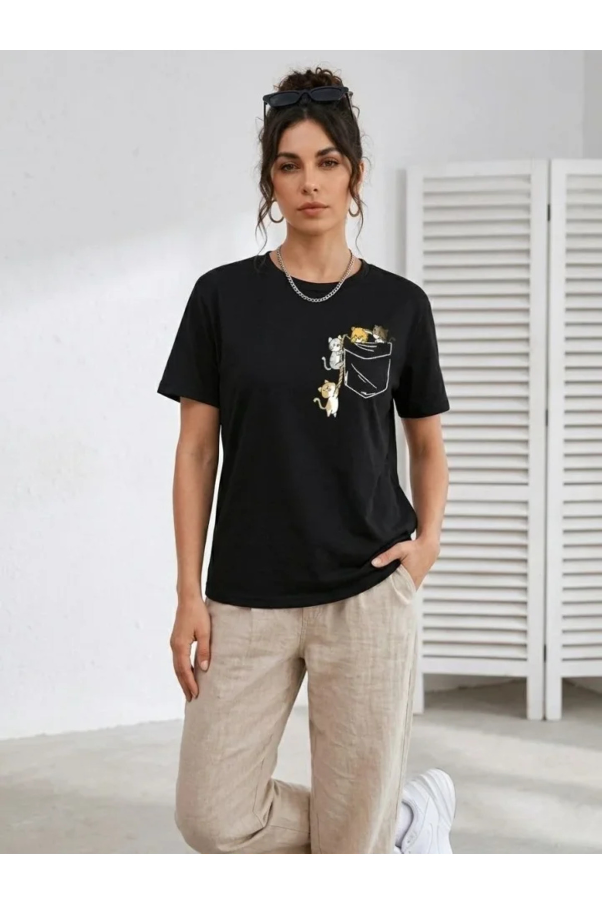 Sevimli Kedi Cep Baskılı Tişört Kısa Kol Yazlık T-Shirt - Siyah alternatif görünüm