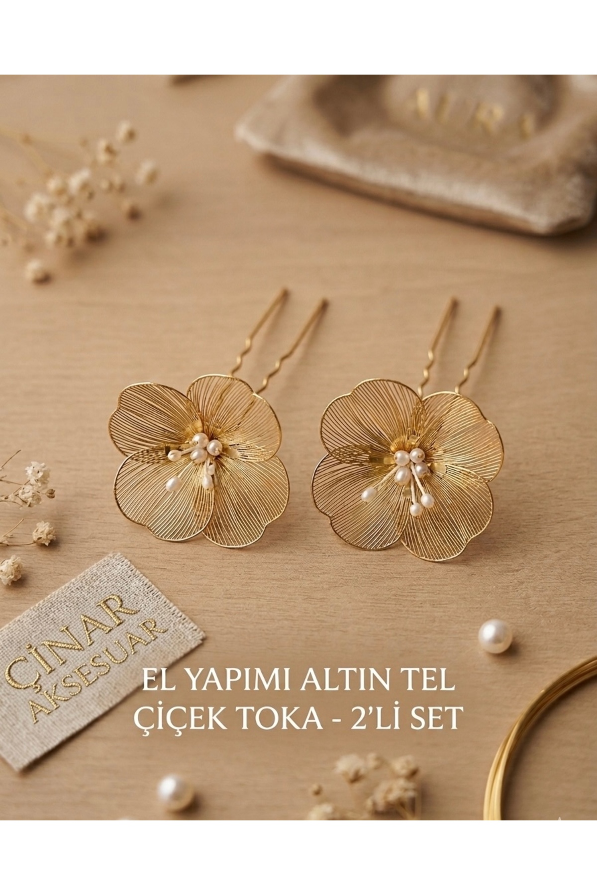 Çınar Aksesuar 2’li El Yapımı Altın Tel Çiçek Toka Seti, İnci Detaylı Gelin ve Özel Gün Saç Aksesuarı