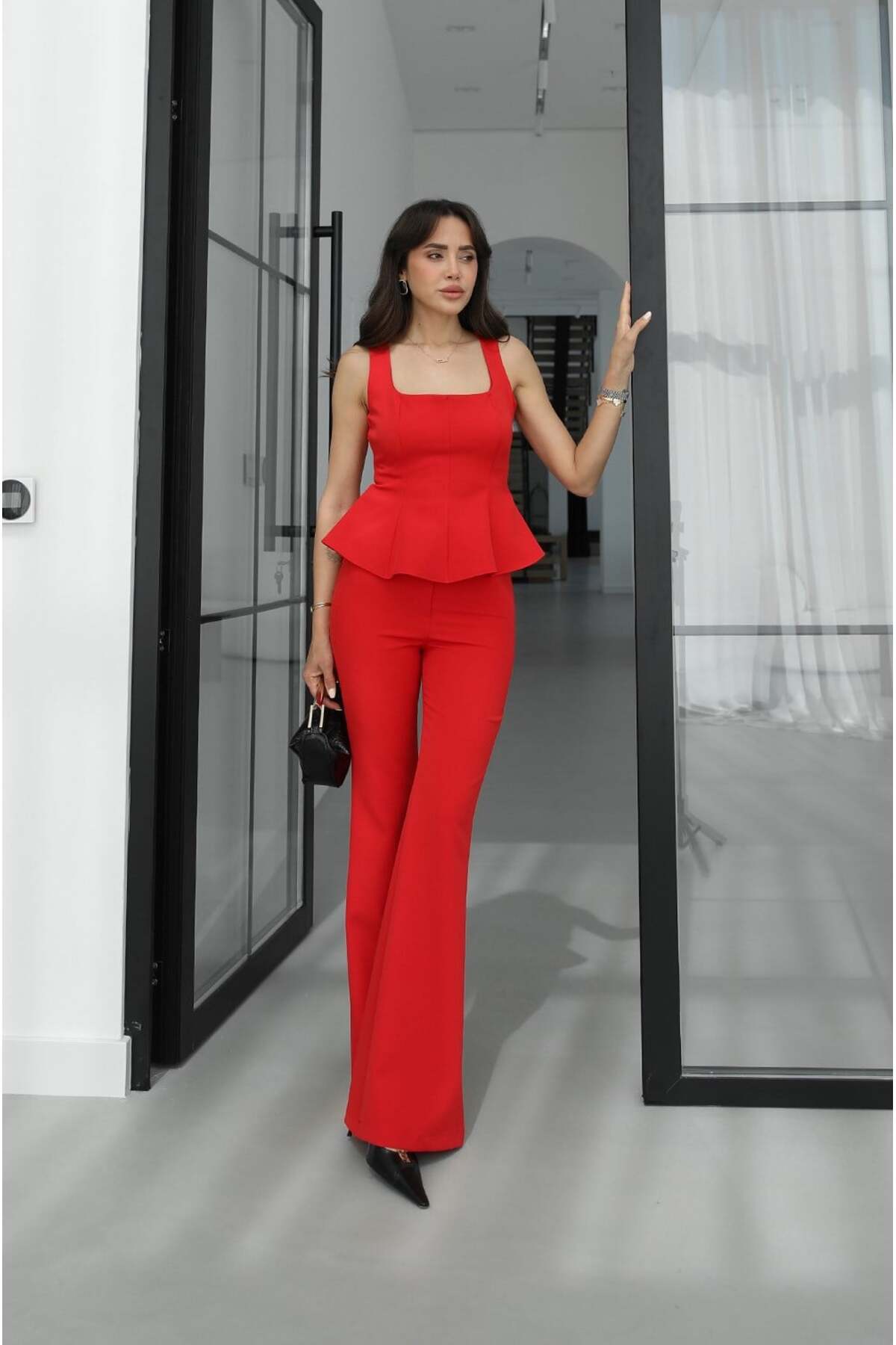 Red Brisa Square Neck Blouse Pants Set