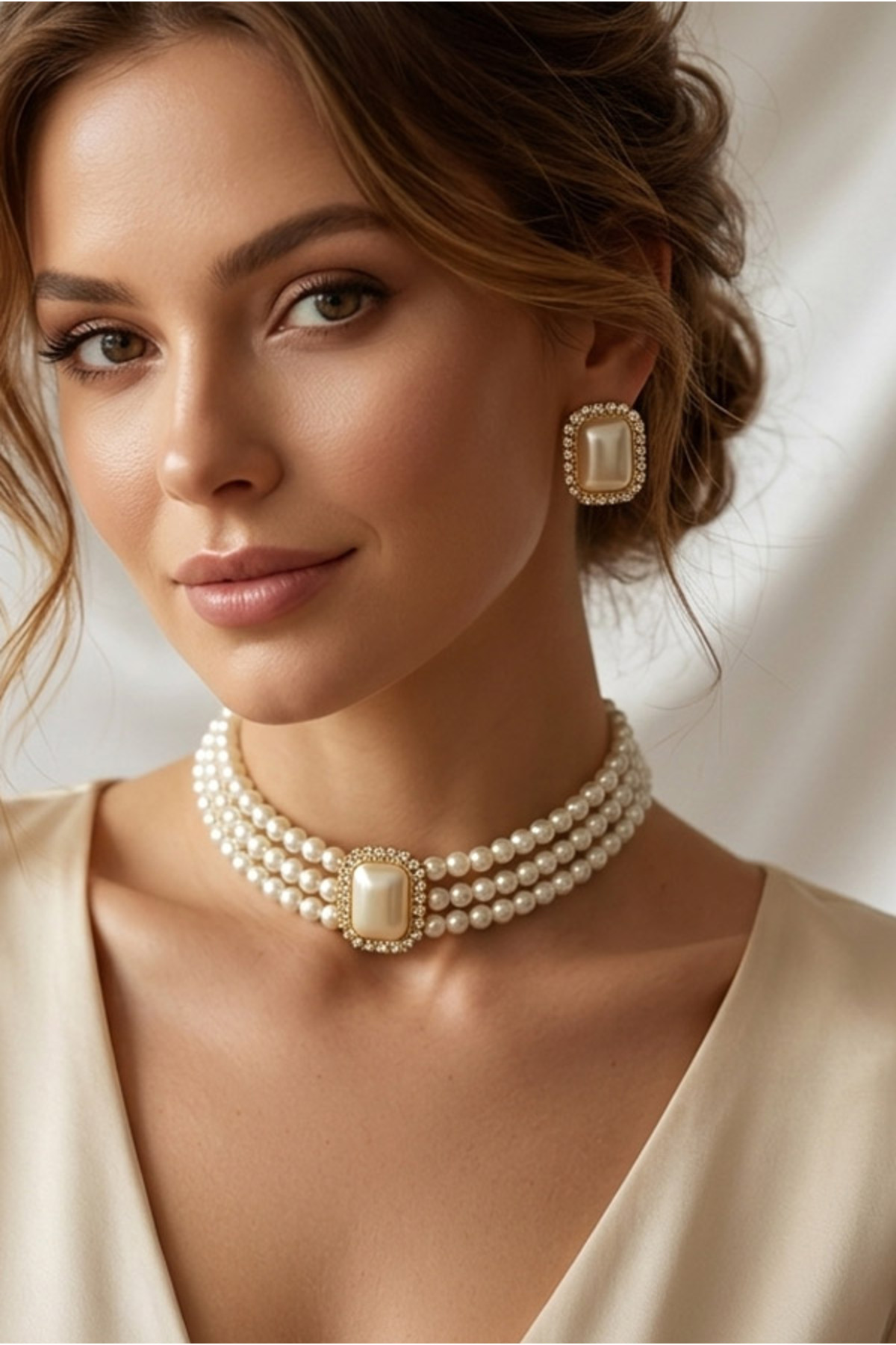 Stone Choker Necklace Earrings Set Collar Baguette Necklace Glass Pearl Gold Plated Choker Necklace Earrings