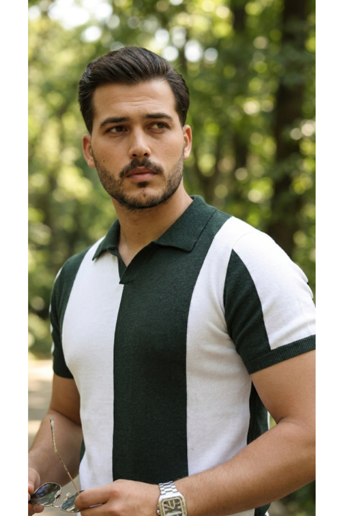 Erkek Kısa Kollu Polo Yakalı Blok Desenli Triko Bluz