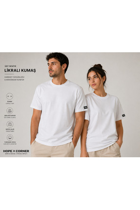 hope corner Unisex Basic Tişört %100 Pamuk Likralı Rahat Kalıp Beyaz