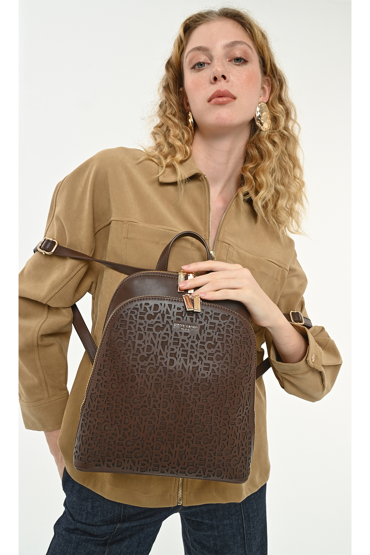 Pierre Cardin Kahve Lazer Kesim Logolu Kadın Çantası - 25x29 cm Çift Bölmeli Şık Sırt Çantası görsel 2