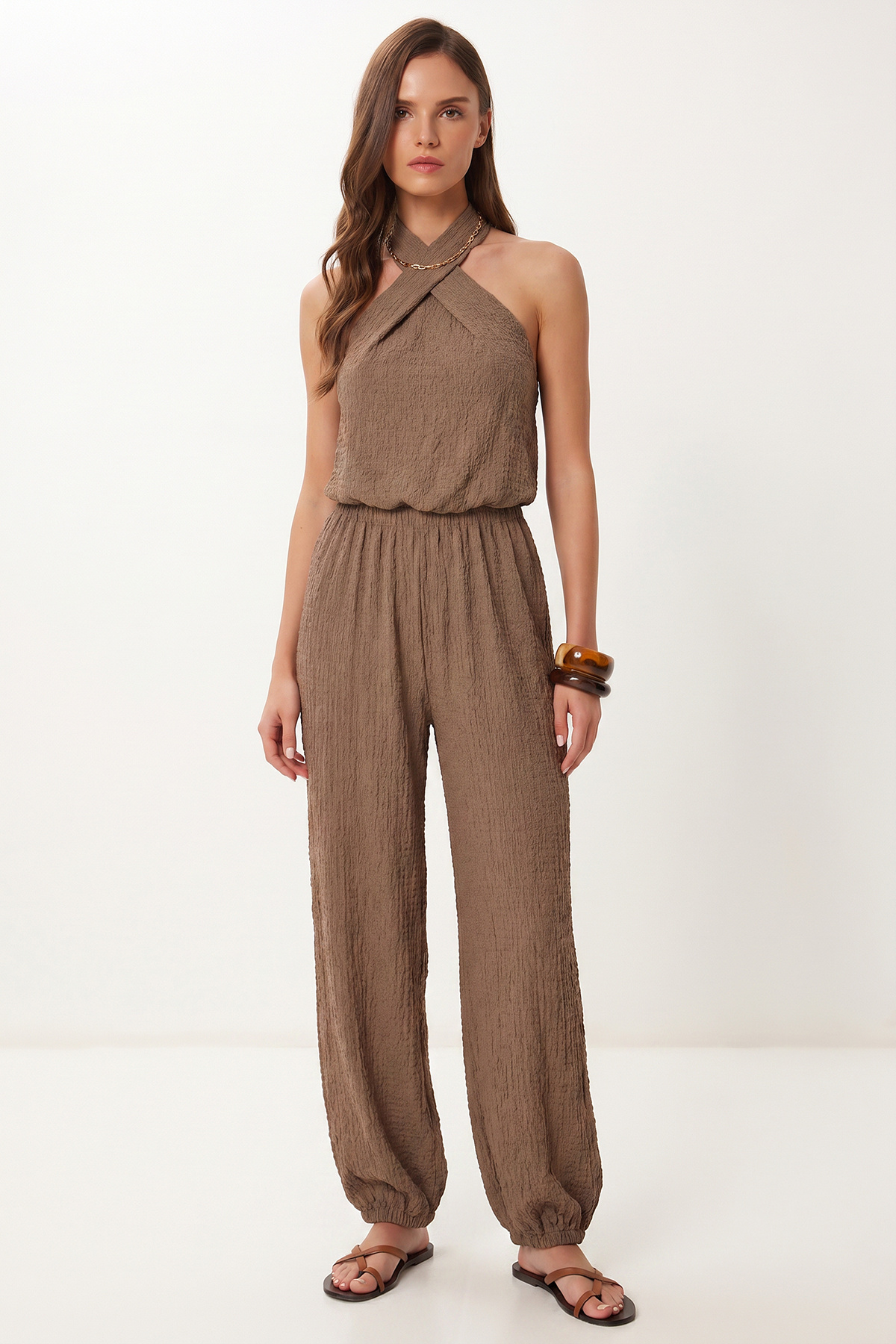 Halter Collar Blouse Pants Crinkle Suit LFW0027 MINK