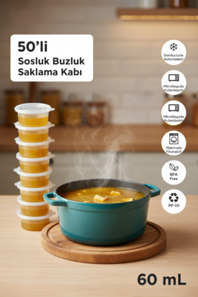 YAZICI 50'li 60ml Sızdırmaz Sosluk Buzluk Saklama Kabı | BPA Free | Dondurucu...